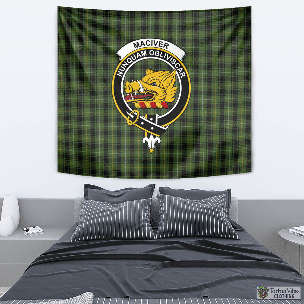 Tartan Vibes Clothing MacIver Hunting Tartan Tapestry Wall Hanging and Home Decor for Room with Family Crest