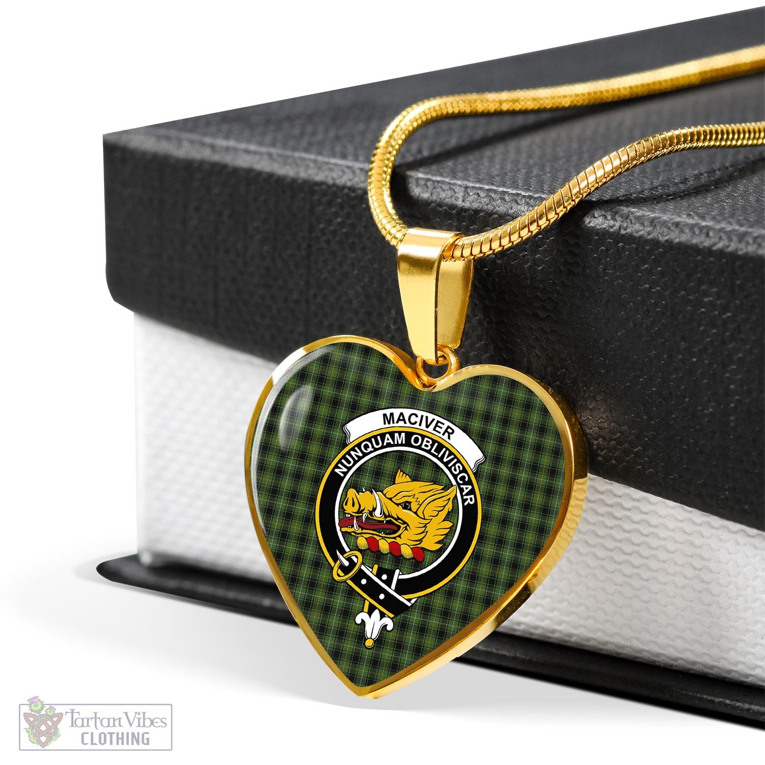 Tartan Vibes Clothing MacIver Hunting Tartan Heart Necklace with Family Crest