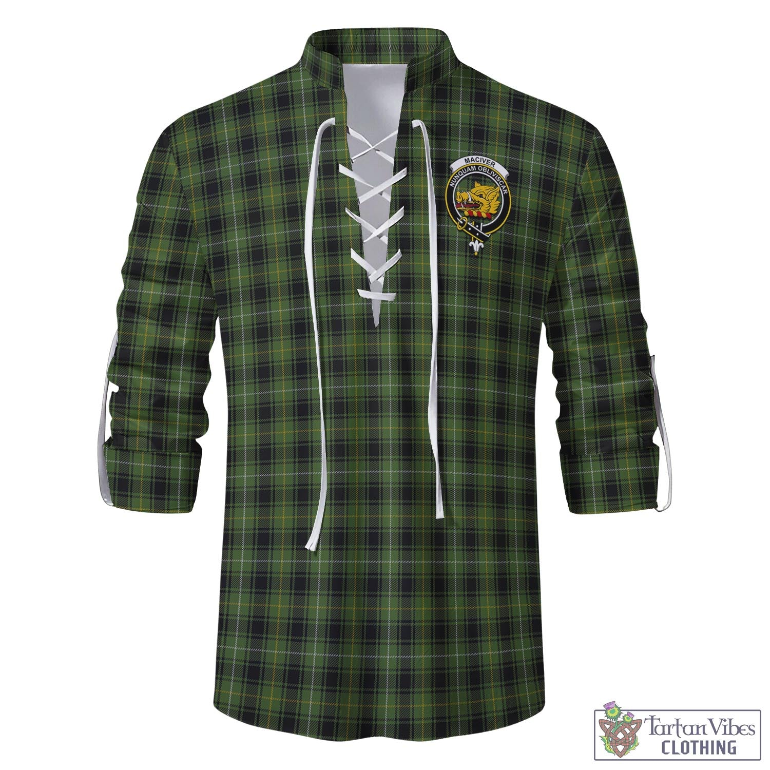 Tartan Vibes Clothing MacIver Hunting Tartan Men's Scottish Traditional Jacobite Ghillie Kilt Shirt with Family Crest