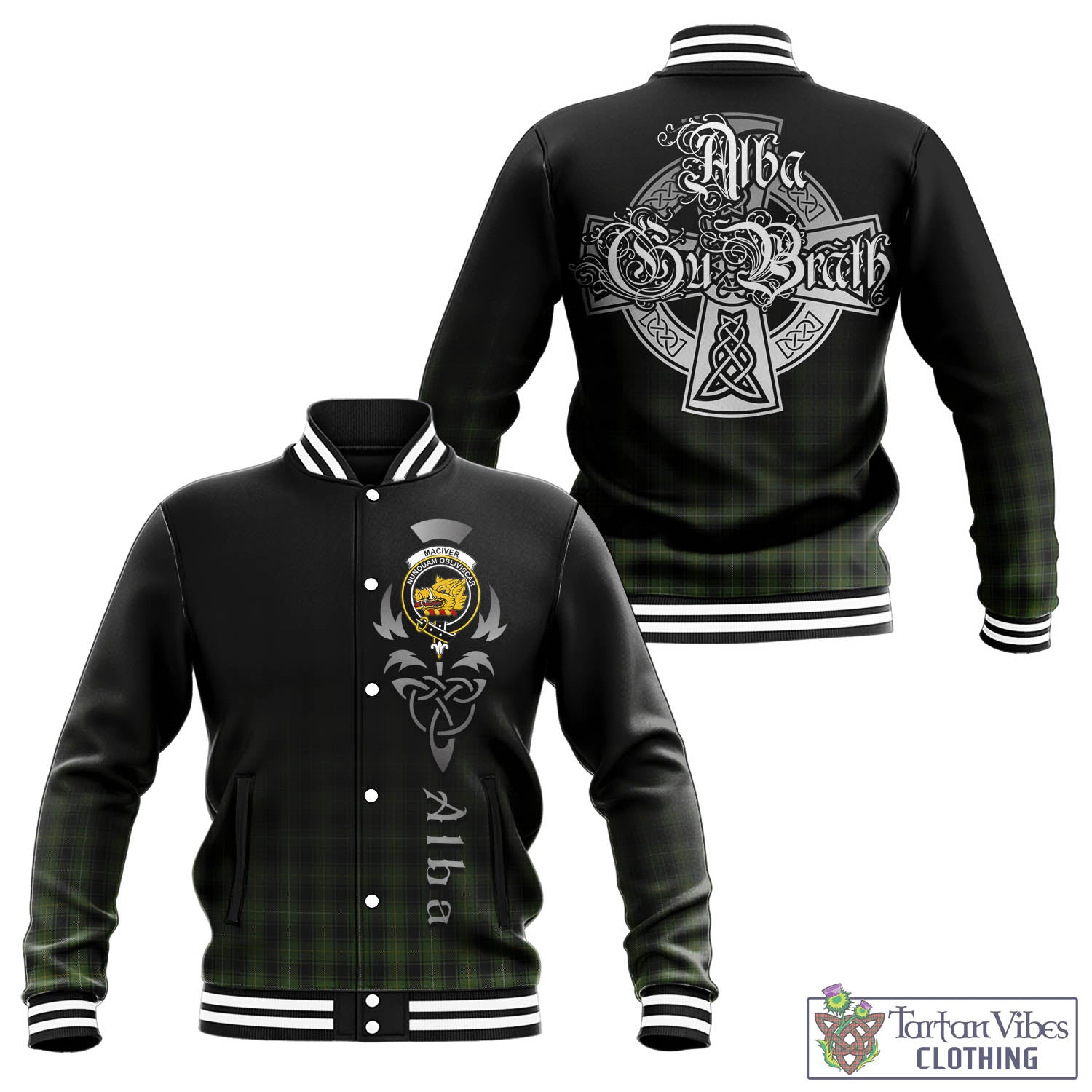 Tartan Vibes Clothing MacIver Hunting Tartan Baseball Jacket Featuring Alba Gu Brath Family Crest Celtic Inspired