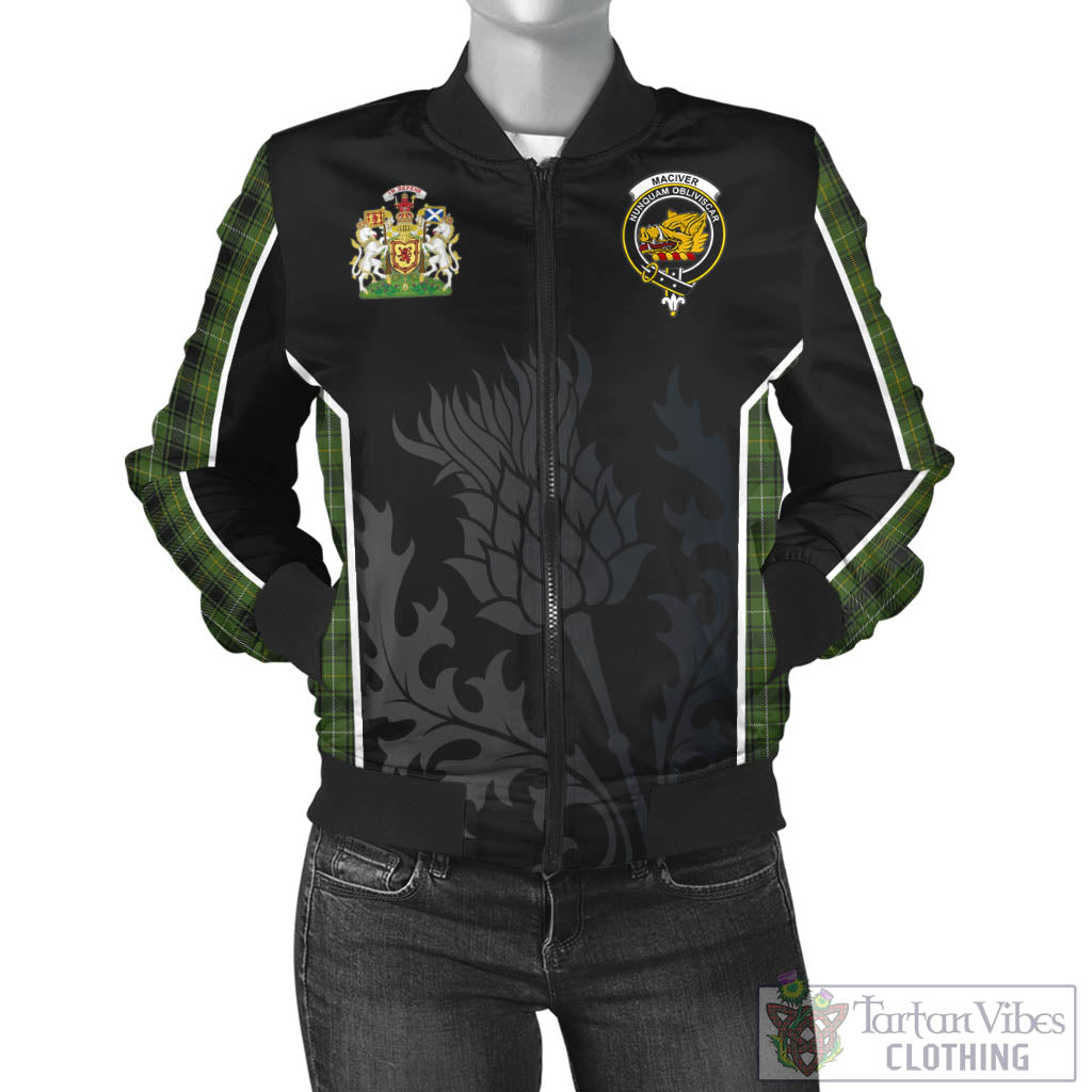 Tartan Vibes Clothing MacIver Hunting Tartan Bomber Jacket with Family Crest and Scottish Thistle Vibes Sport Style