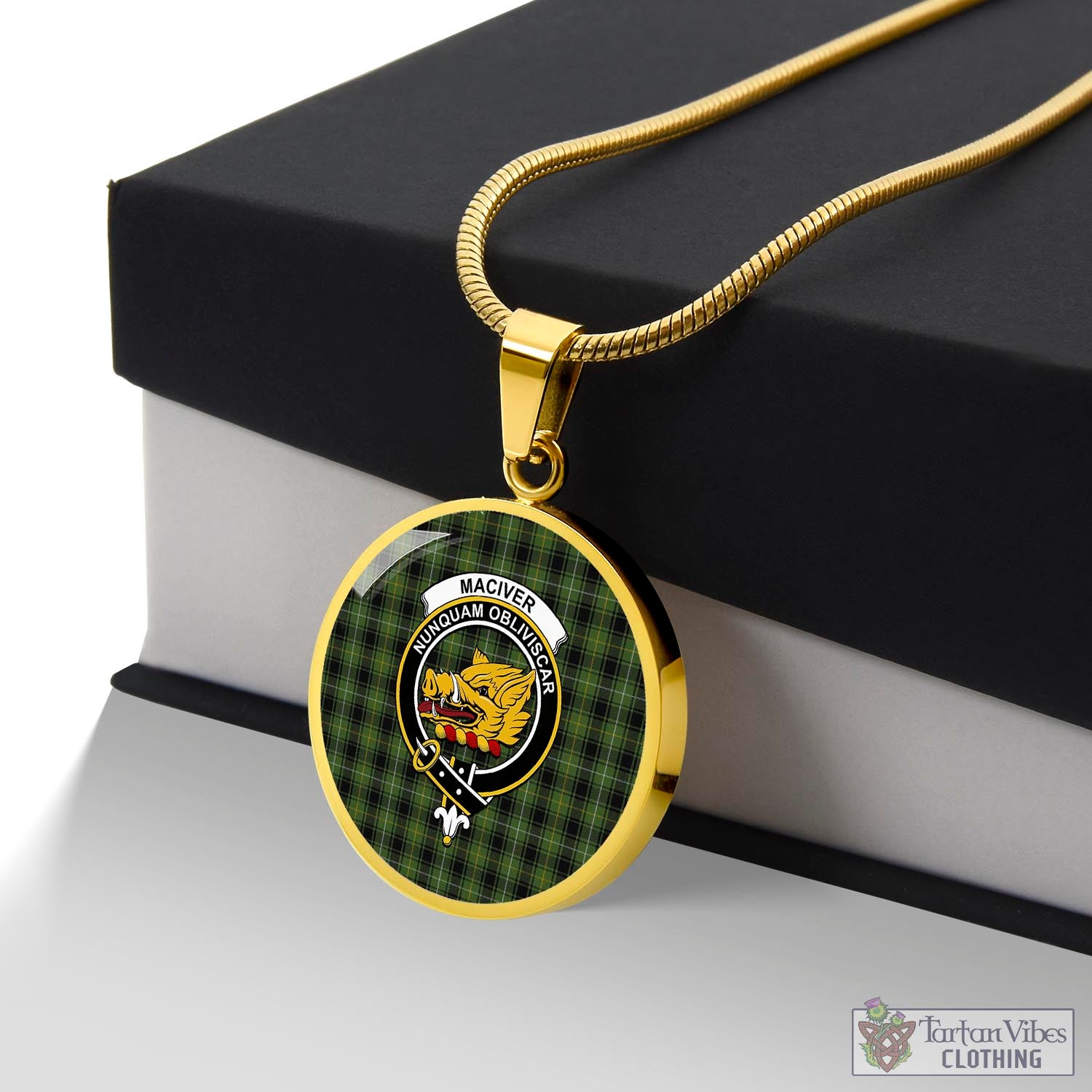 Tartan Vibes Clothing MacIver Hunting Tartan Circle Necklace with Family Crest