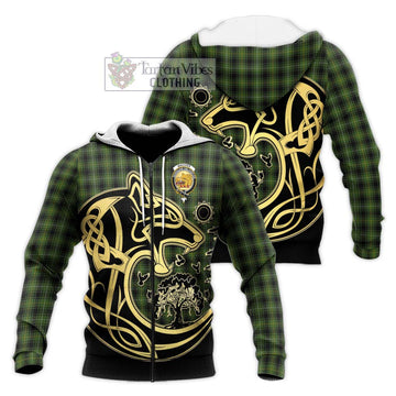 MacIver Hunting Tartan Knitted Hoodie with Family Crest Celtic Wolf Style