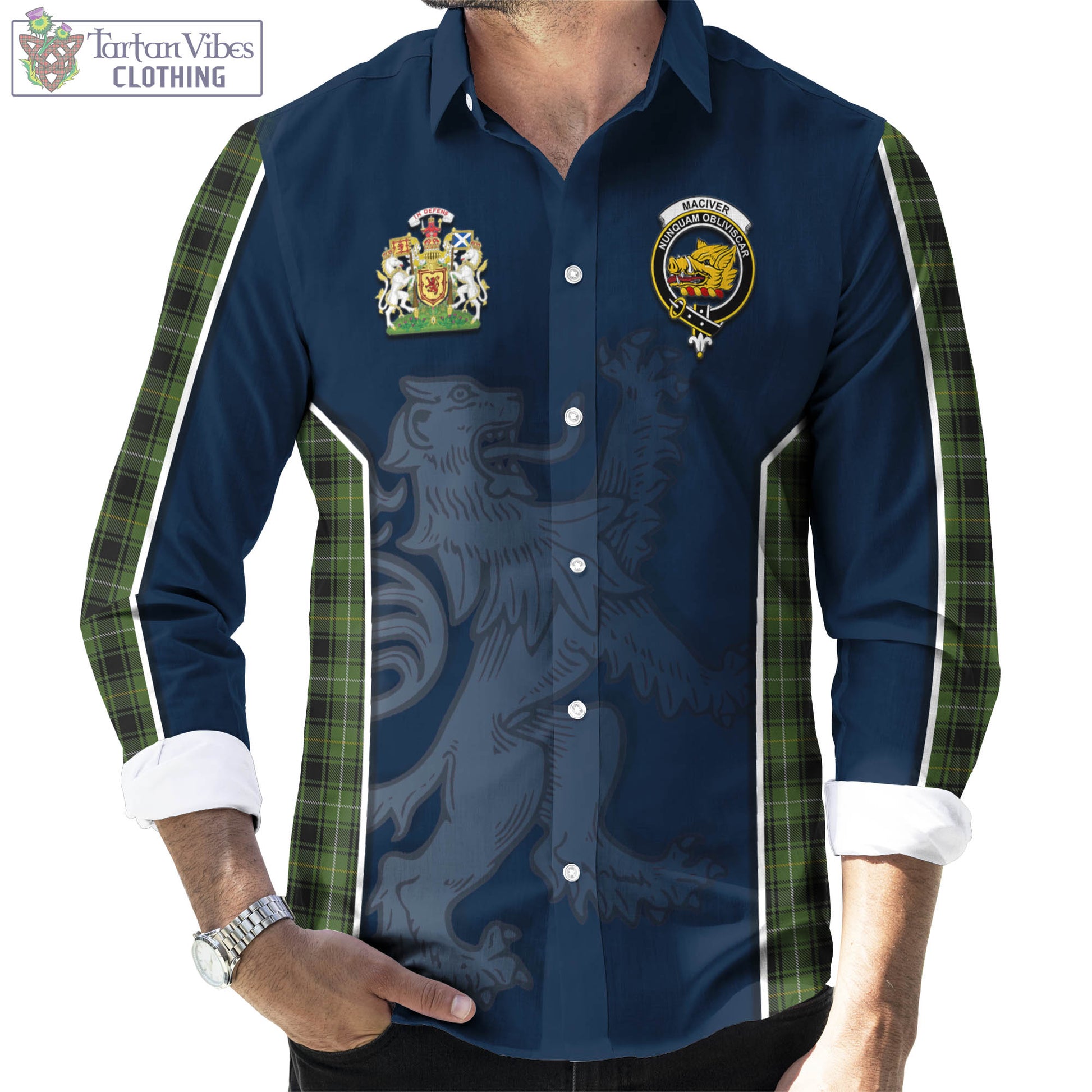 Tartan Vibes Clothing MacIver Hunting Tartan Long Sleeve Button Up Shirt with Family Crest and Lion Rampant Vibes Sport Style