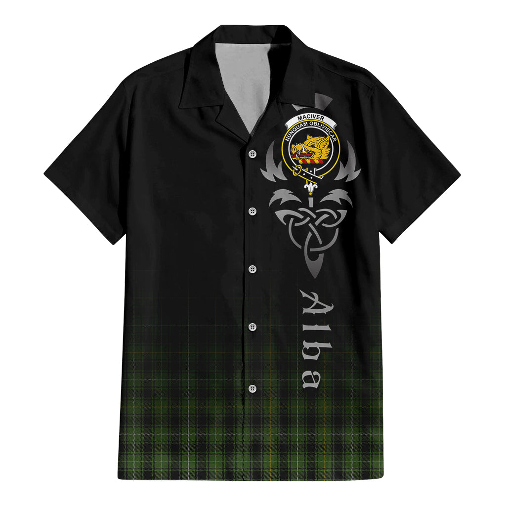 Tartan Vibes Clothing MacIver Hunting Tartan Short Sleeve Button Up Featuring Alba Gu Brath Family Crest Celtic Inspired