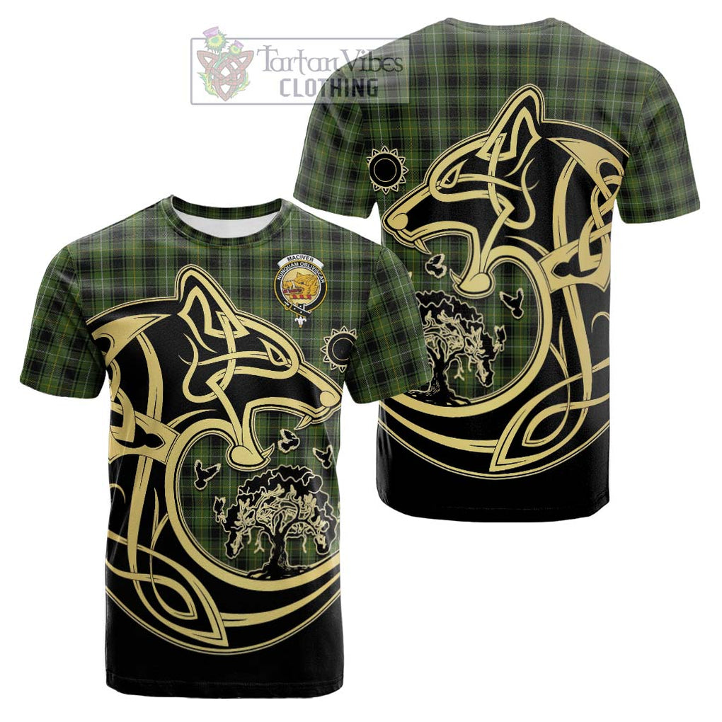 Tartan Vibes Clothing MacIver Hunting Tartan Cotton T-shirt with Family Crest Celtic Wolf Style