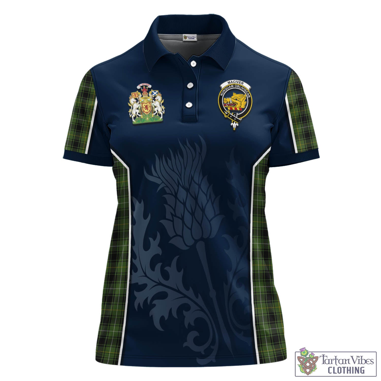 Tartan Vibes Clothing MacIver Hunting Tartan Women's Polo Shirt with Family Crest and Scottish Thistle Vibes Sport Style