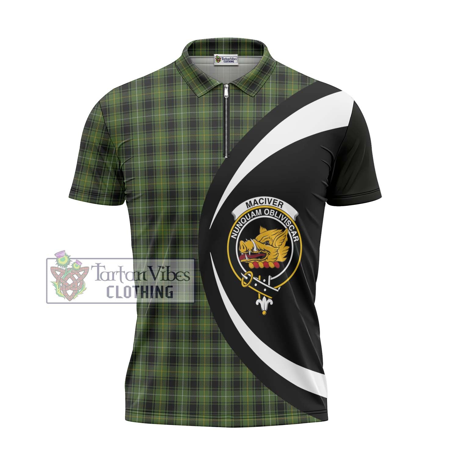 Tartan Vibes Clothing MacIver Hunting Tartan Zipper Polo Shirt with Family Crest Circle Style