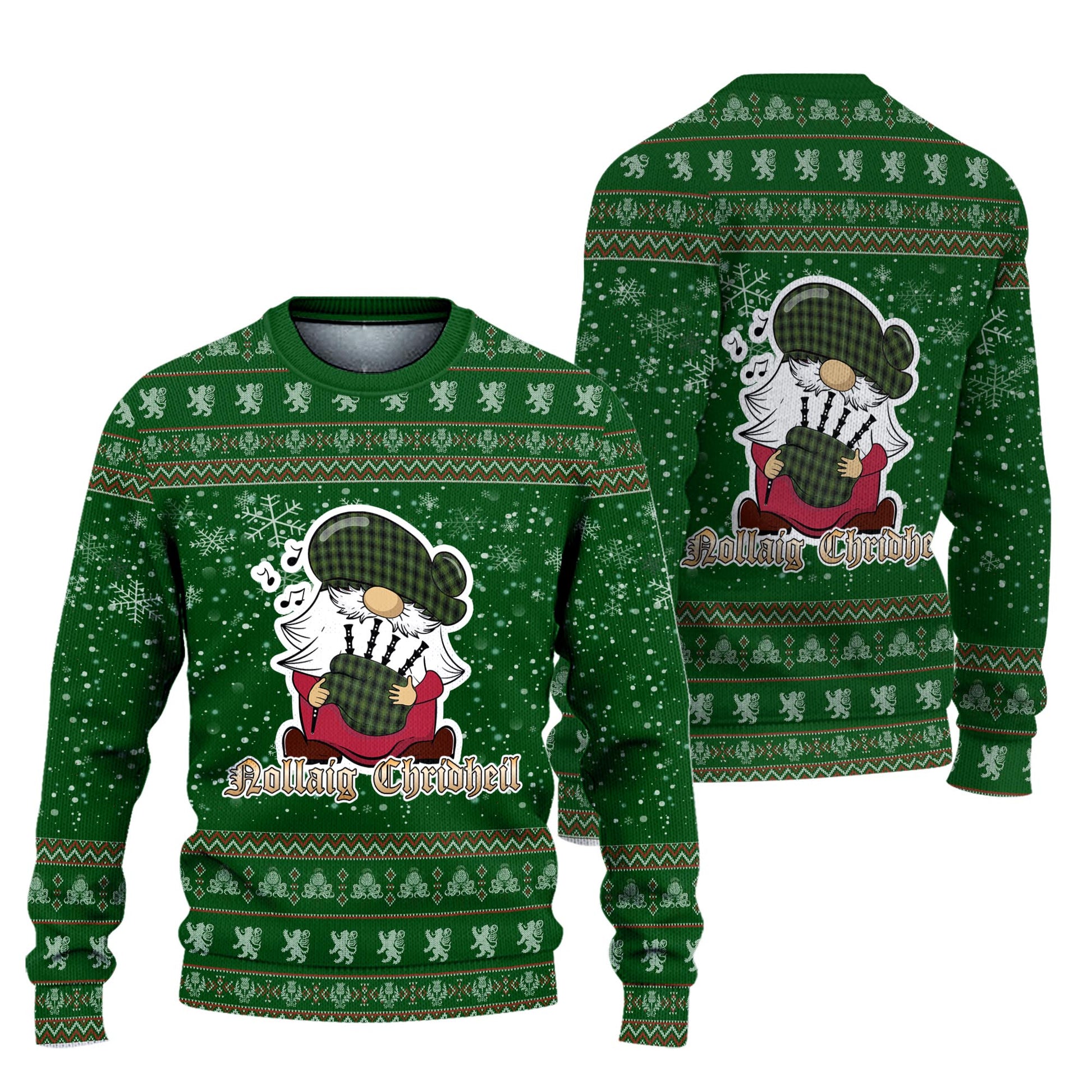 MacIver Hunting Clan Christmas Family Knitted Sweater with Funny Gnome Playing Bagpipes Unisex Green - Tartanvibesclothing