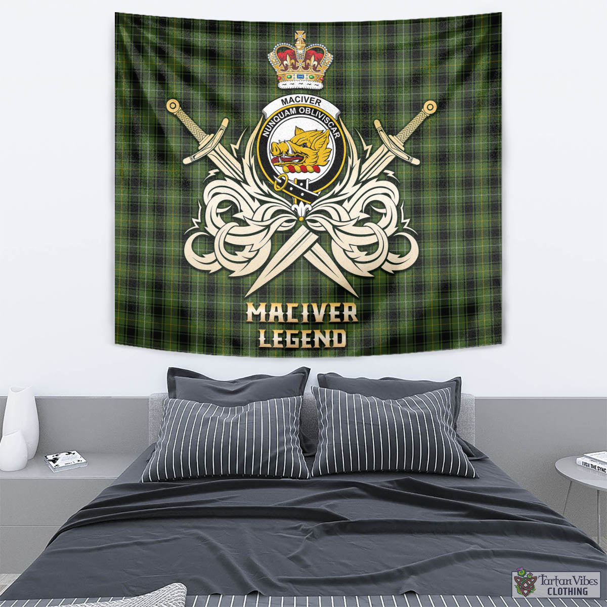 Tartan Vibes Clothing MacIver Hunting Tartan Tapestry with Clan Crest and the Golden Sword of Courageous Legacy