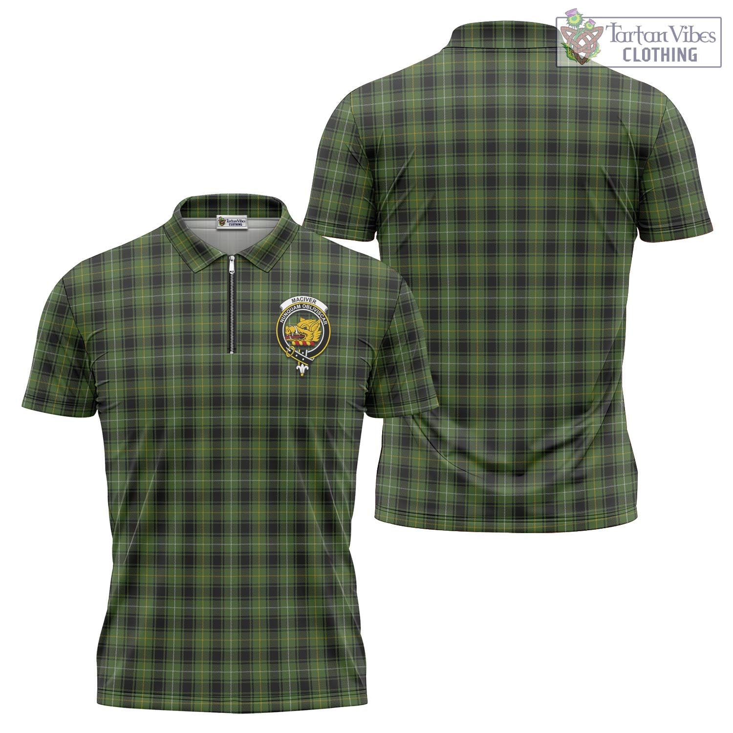 Tartan Vibes Clothing MacIver Hunting Tartan Zipper Polo Shirt with Family Crest