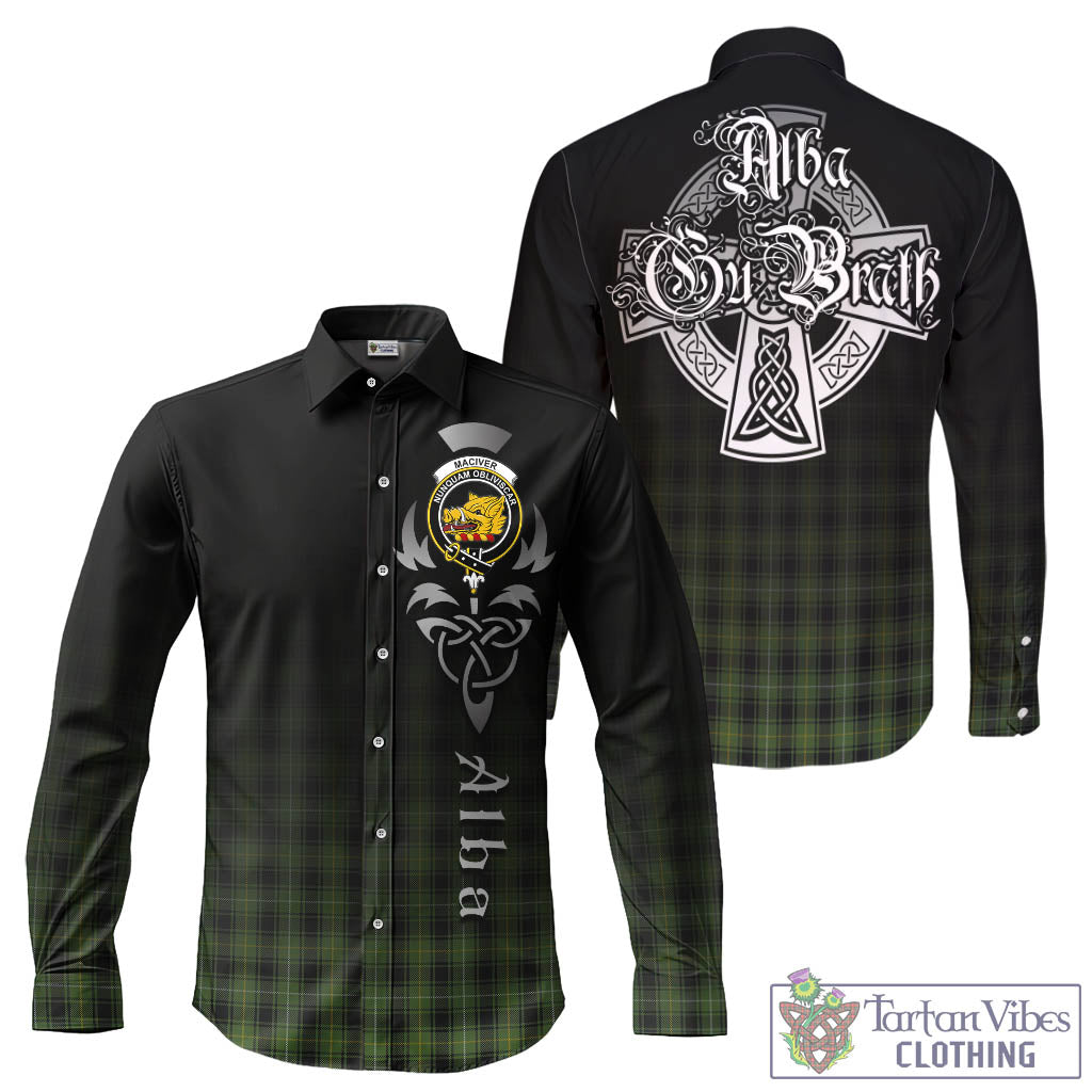 Tartan Vibes Clothing MacIver Hunting Tartan Long Sleeve Button Up Featuring Alba Gu Brath Family Crest Celtic Inspired