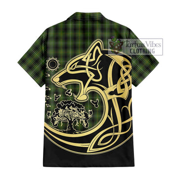 MacIver Hunting Tartan Short Sleeve Button Shirt with Family Crest Celtic Wolf Style