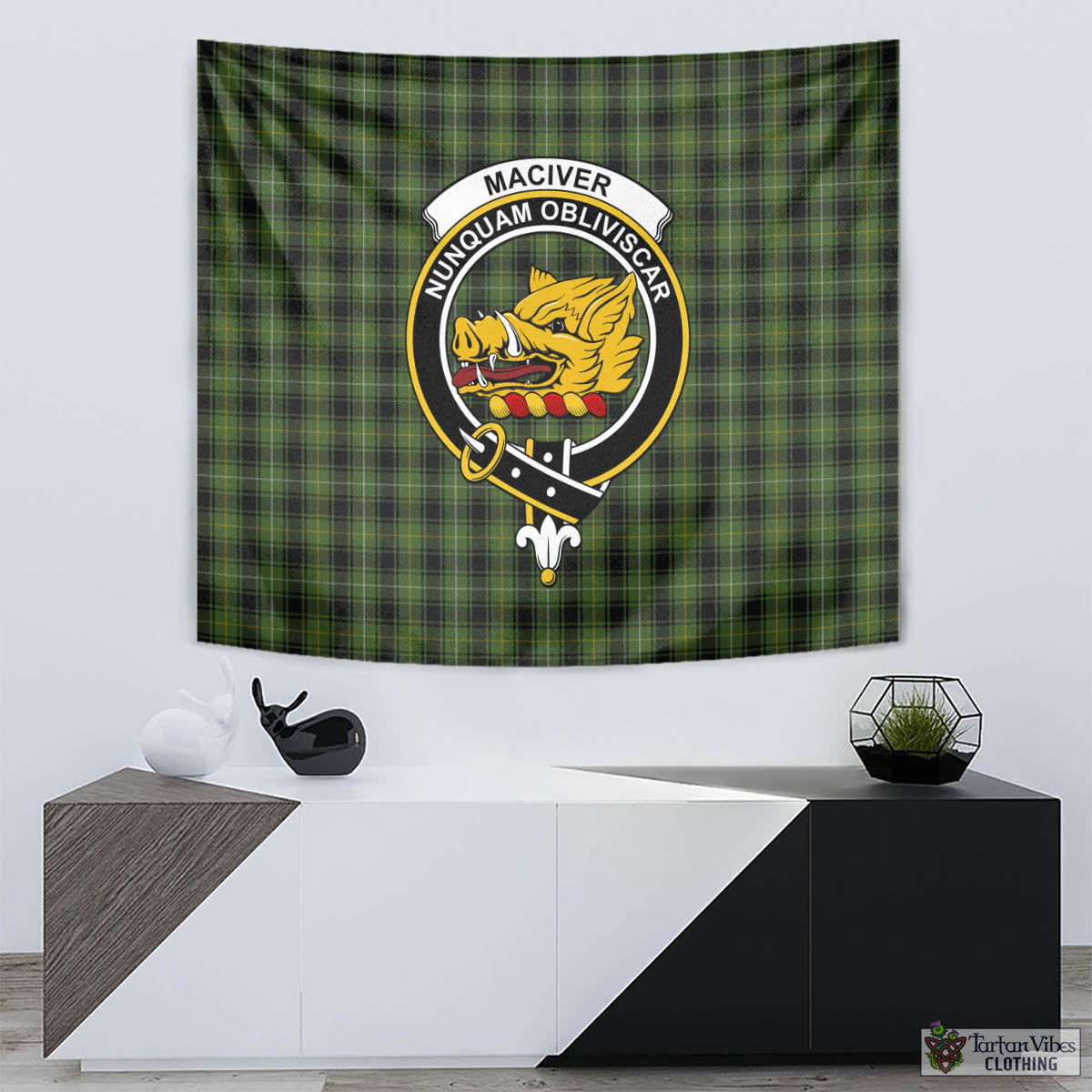 Tartan Vibes Clothing MacIver Hunting Tartan Tapestry Wall Hanging and Home Decor for Room with Family Crest