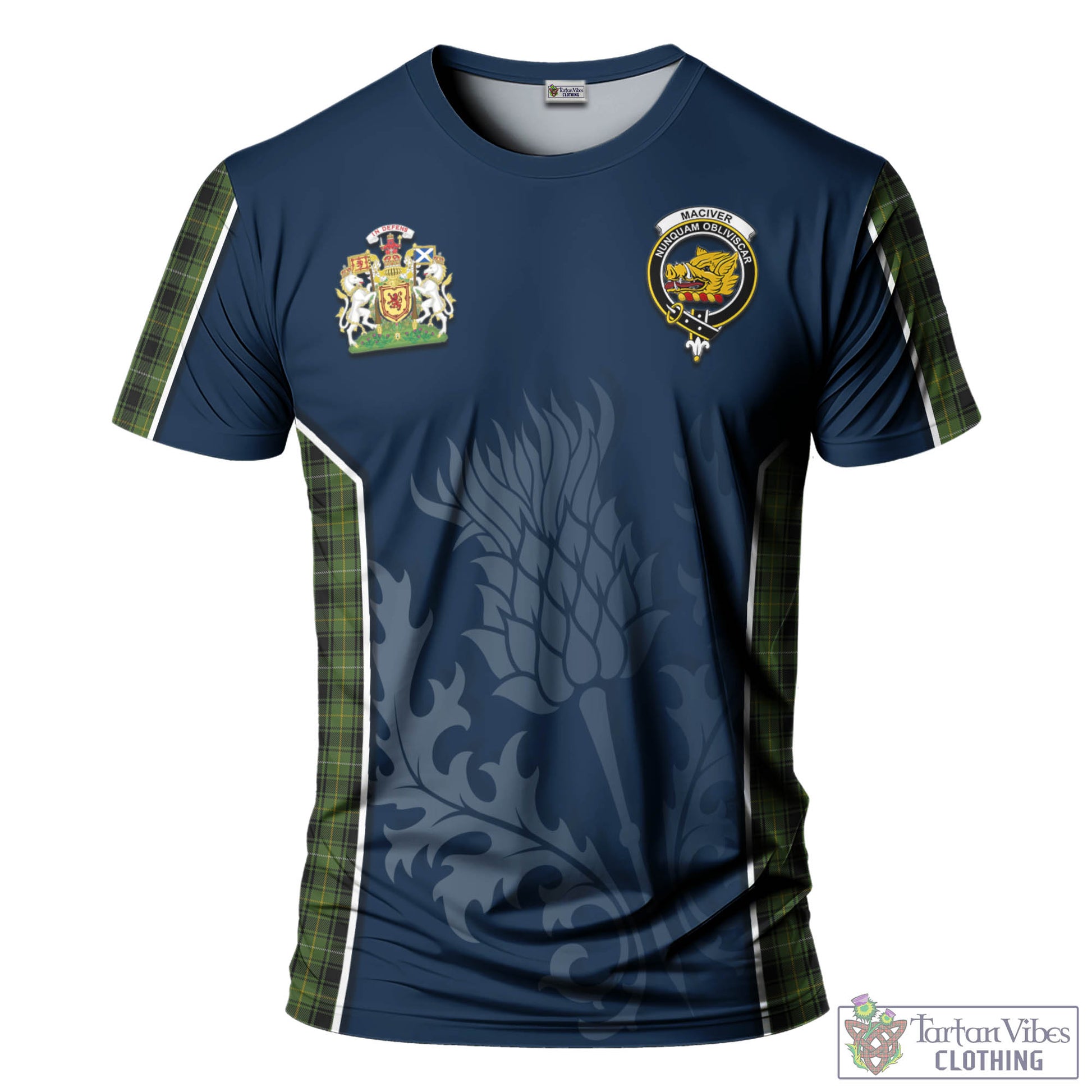 Tartan Vibes Clothing MacIver Hunting Tartan T-Shirt with Family Crest and Scottish Thistle Vibes Sport Style