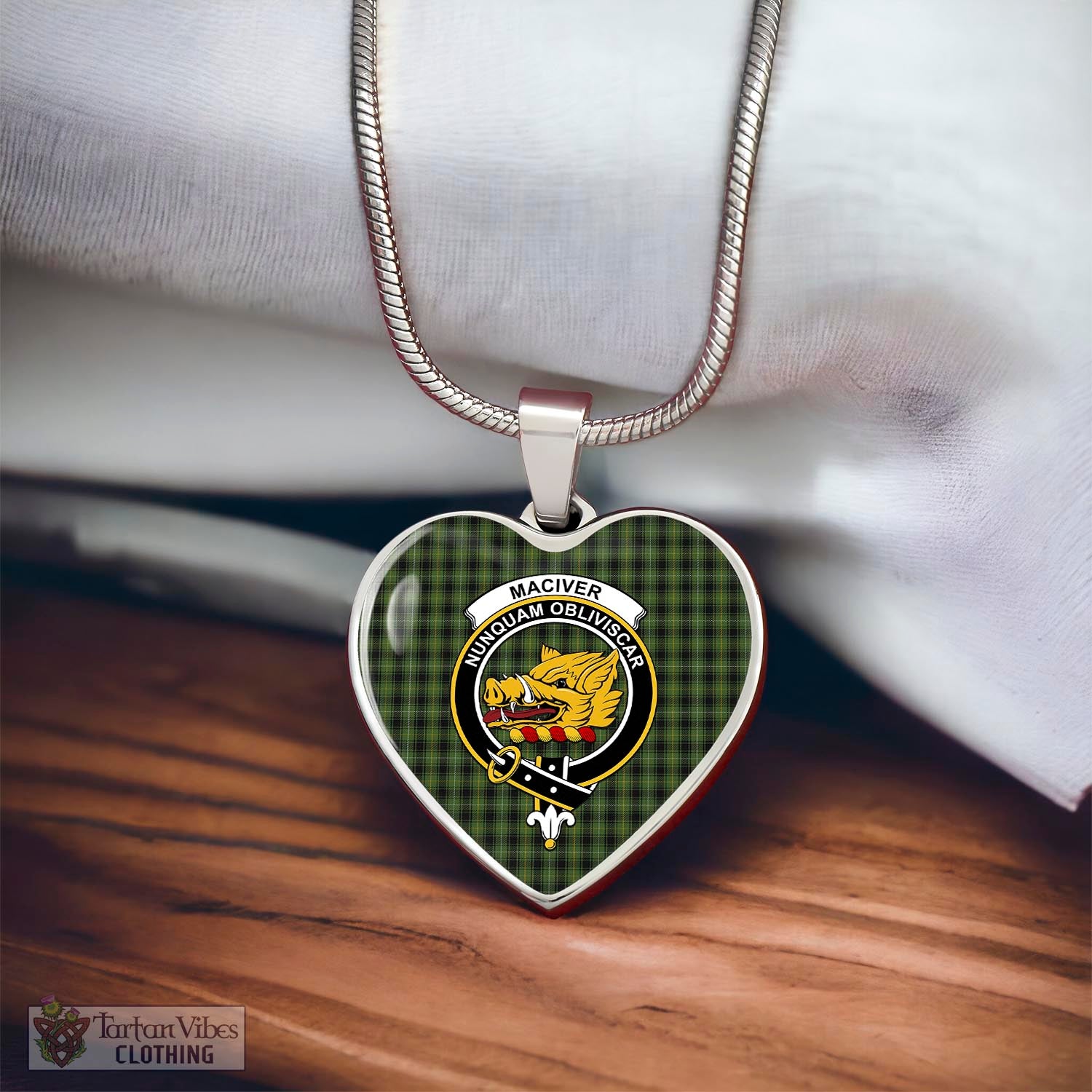 Tartan Vibes Clothing MacIver Hunting Tartan Heart Necklace with Family Crest