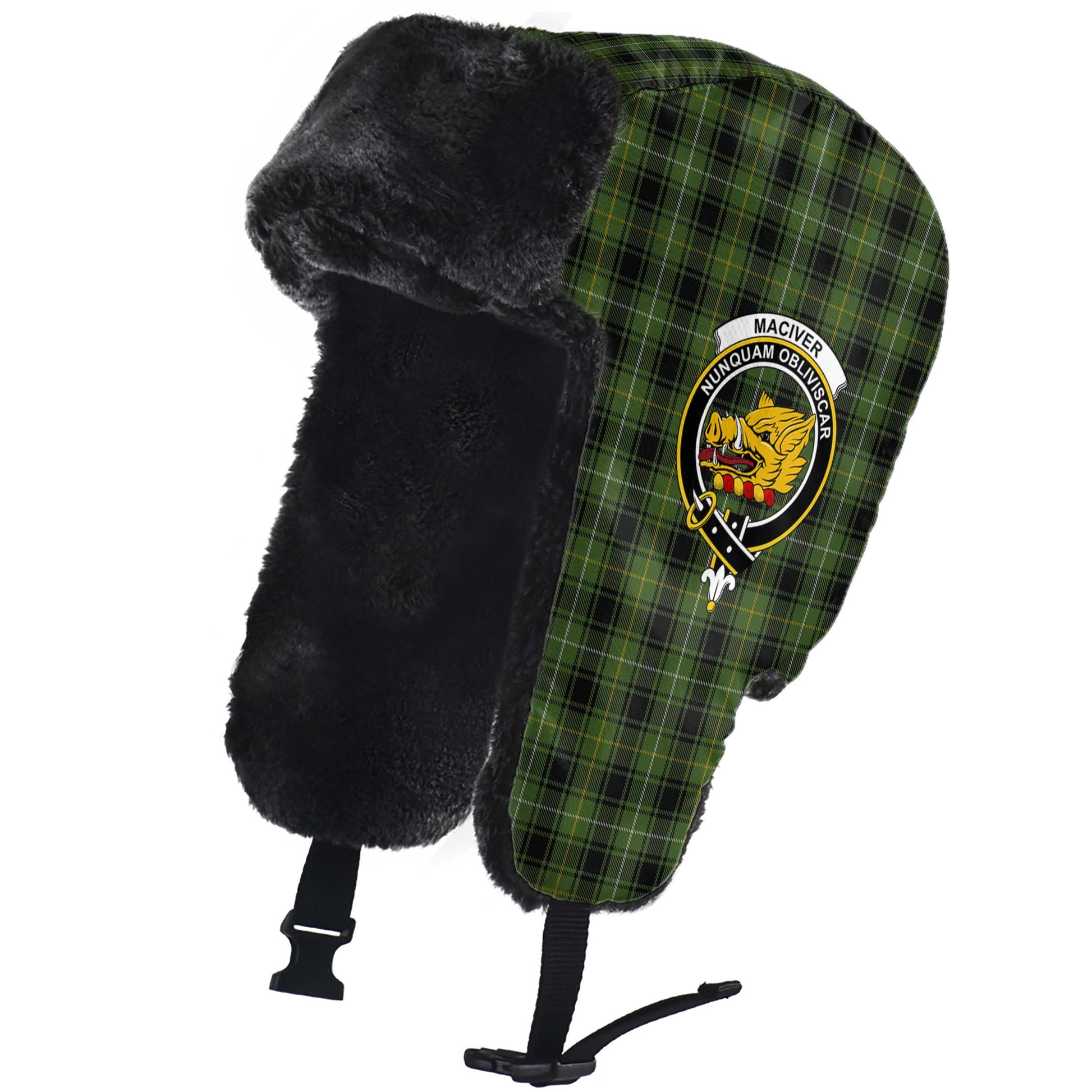 MacIver Hunting Tartan Winter Trapper Hat with Family Crest - Tartanvibesclothing