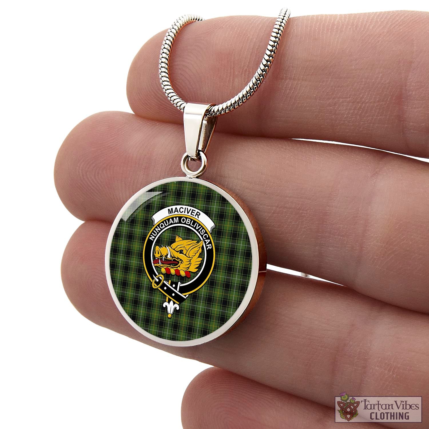 Tartan Vibes Clothing MacIver Hunting Tartan Circle Necklace with Family Crest