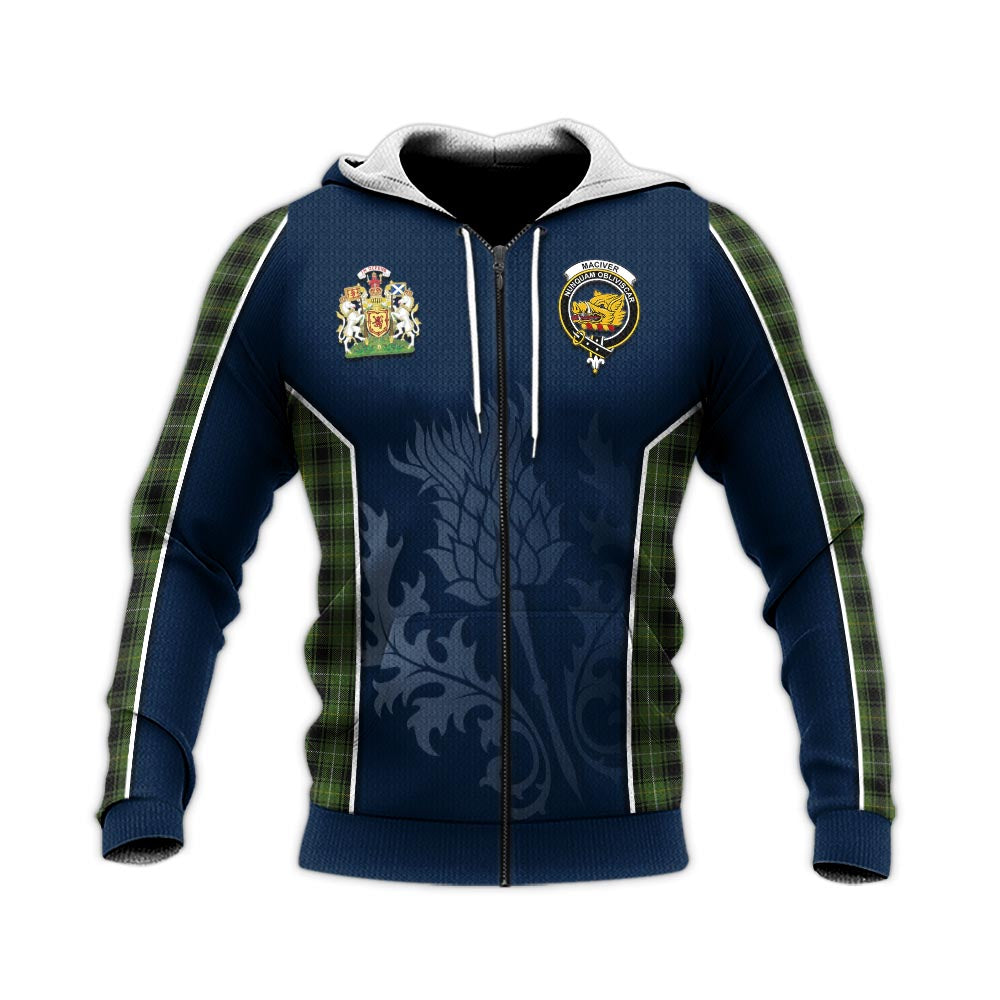 Tartan Vibes Clothing MacIver Hunting Tartan Knitted Hoodie with Family Crest and Scottish Thistle Vibes Sport Style