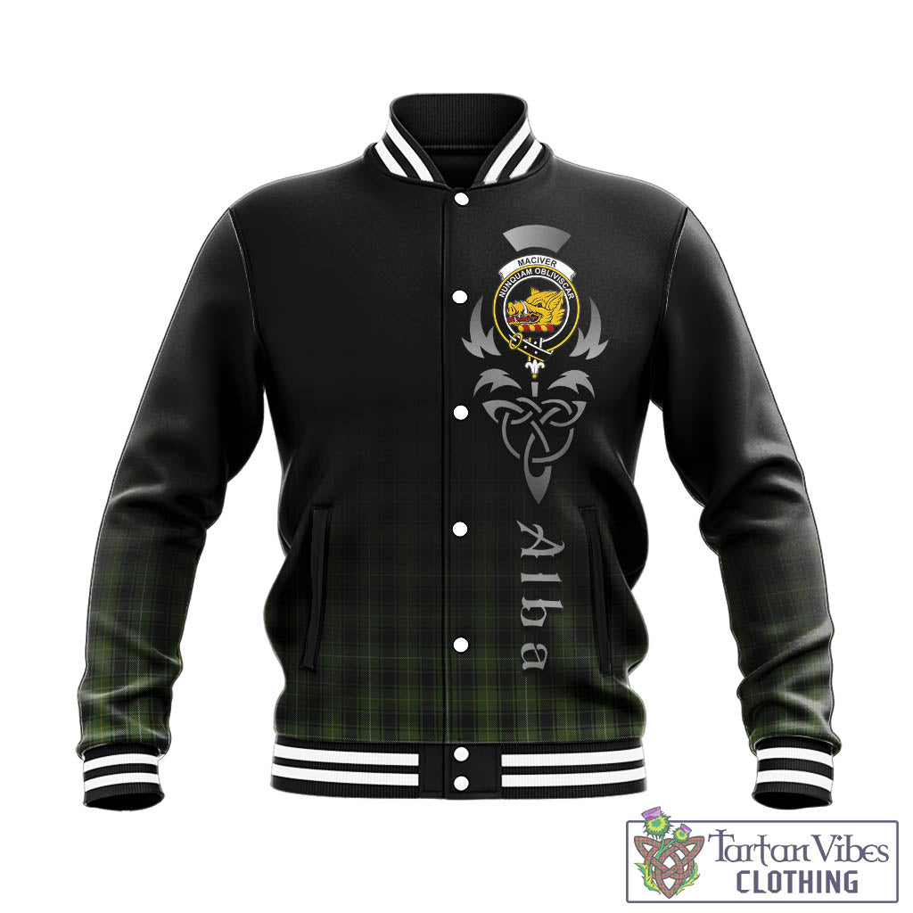 Tartan Vibes Clothing MacIver Hunting Tartan Baseball Jacket Featuring Alba Gu Brath Family Crest Celtic Inspired