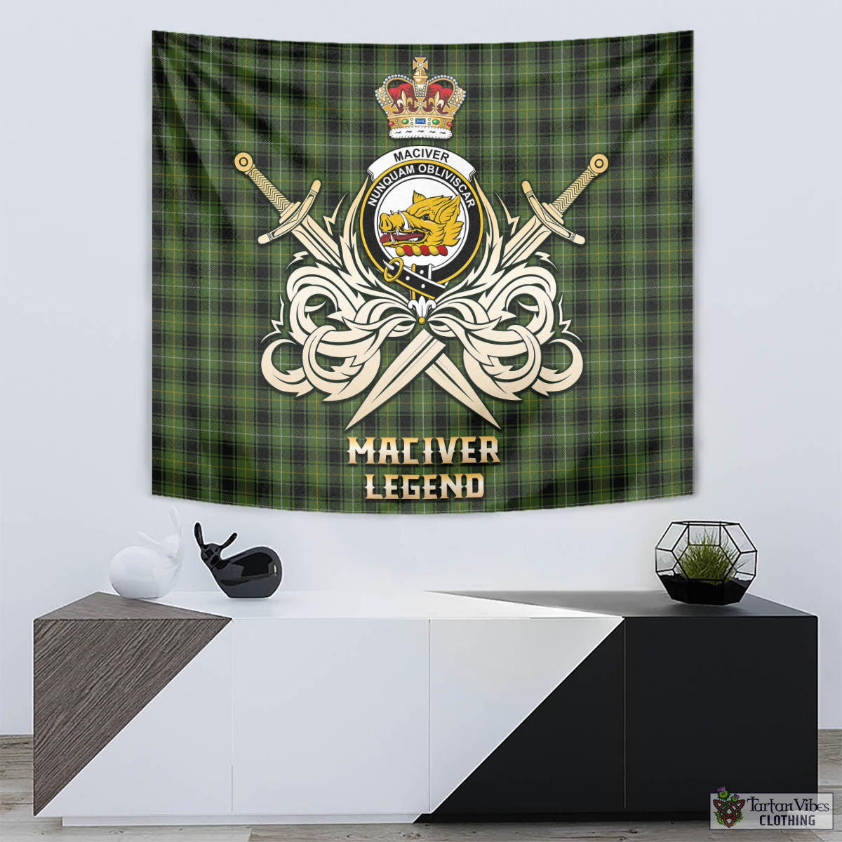 Tartan Vibes Clothing MacIver Hunting Tartan Tapestry with Clan Crest and the Golden Sword of Courageous Legacy