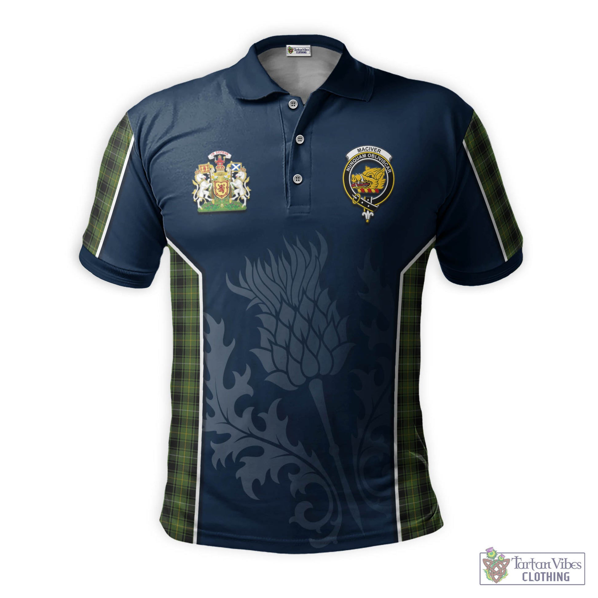 Tartan Vibes Clothing MacIver Hunting Tartan Men's Polo Shirt with Family Crest and Scottish Thistle Vibes Sport Style