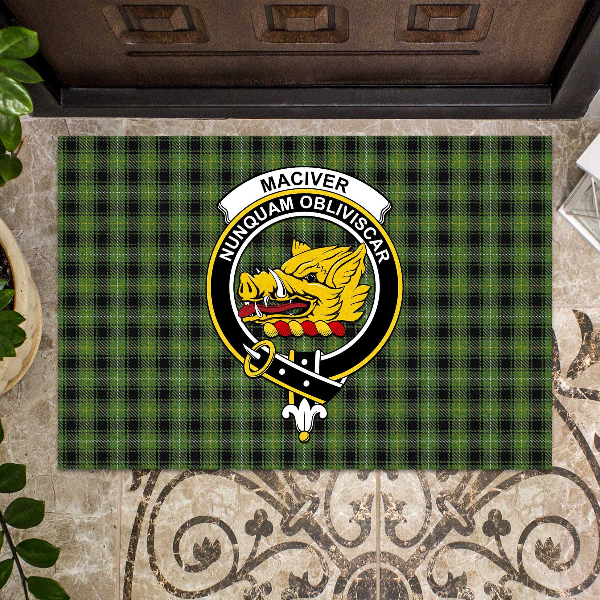 MacIver Hunting Tartan Door Mat with Family Crest - Tartanvibesclothing