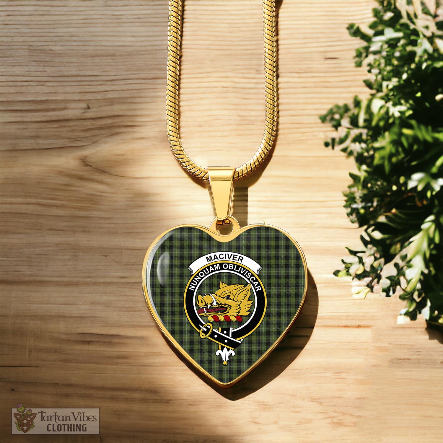 Tartan Vibes Clothing MacIver Hunting Tartan Heart Necklace with Family Crest