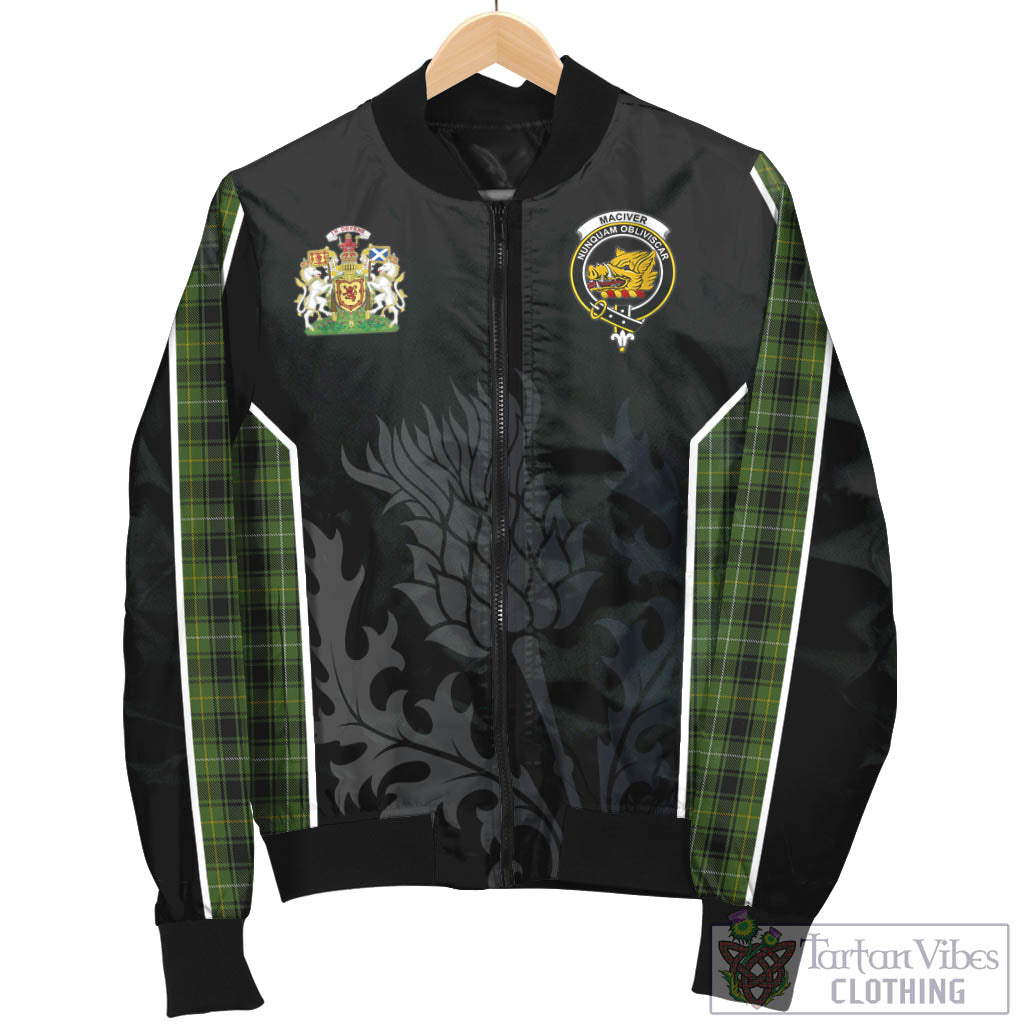 Tartan Vibes Clothing MacIver Hunting Tartan Bomber Jacket with Family Crest and Scottish Thistle Vibes Sport Style