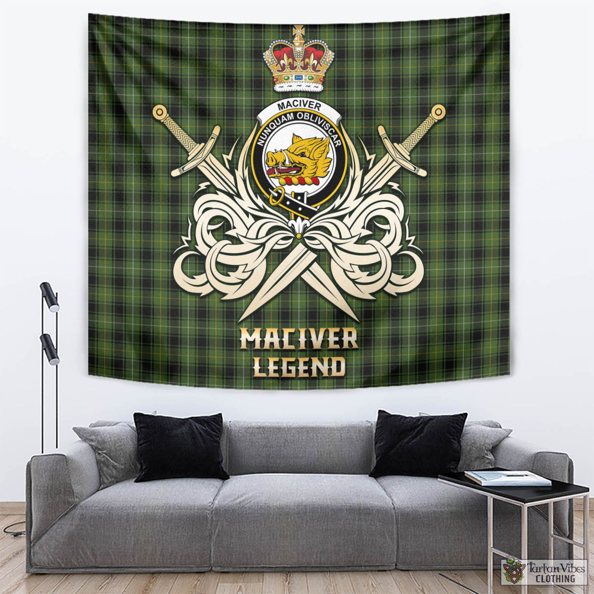 Tartan Vibes Clothing MacIver Hunting Tartan Tapestry with Clan Crest and the Golden Sword of Courageous Legacy