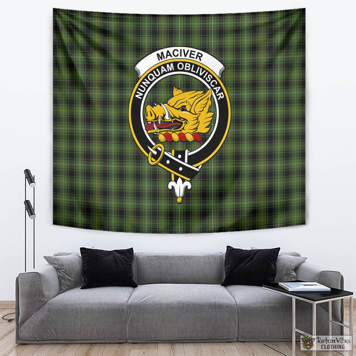 Tartan Vibes Clothing MacIver Hunting Tartan Tapestry Wall Hanging and Home Decor for Room with Family Crest