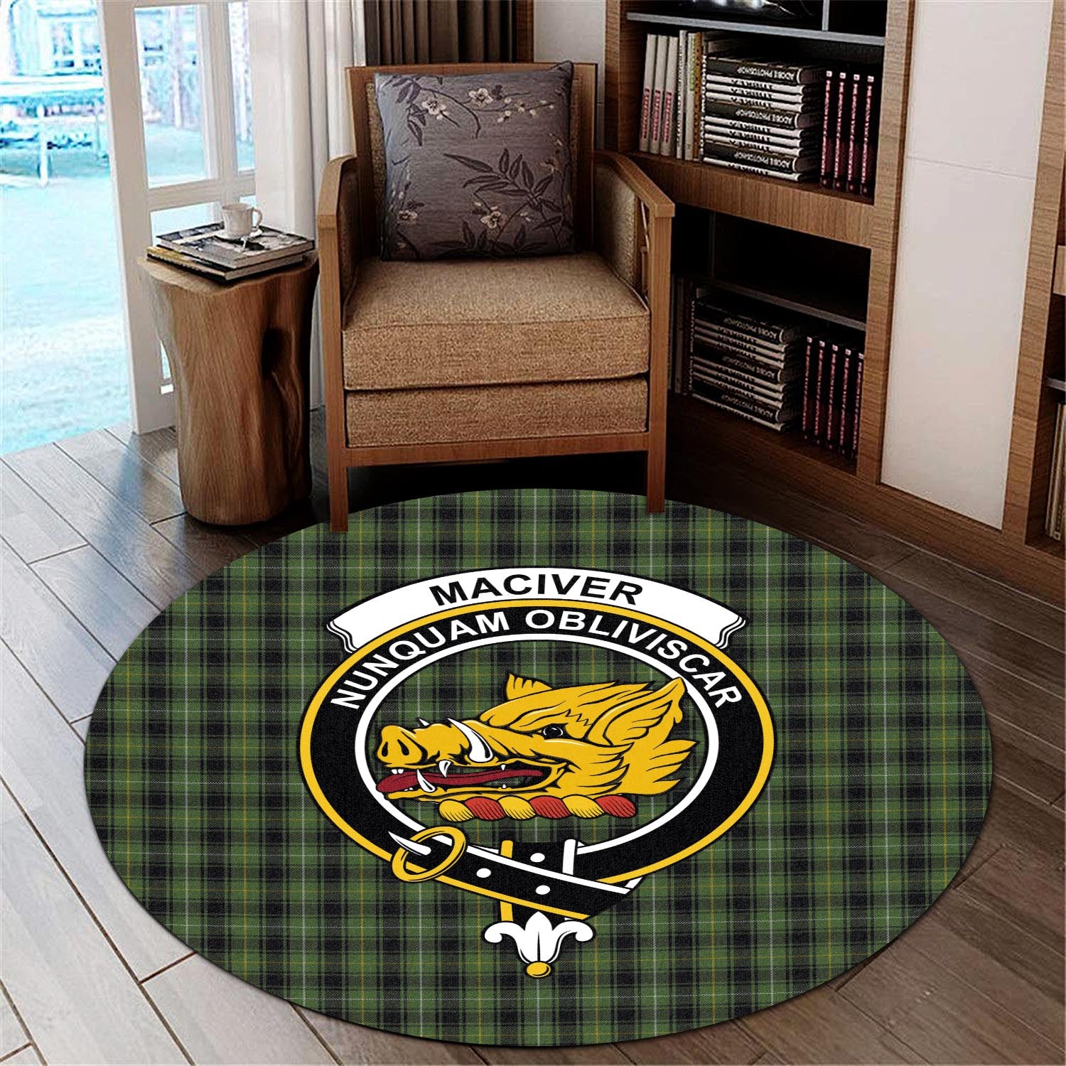 maciver-hunting-tartan-round-rug-with-family-crest