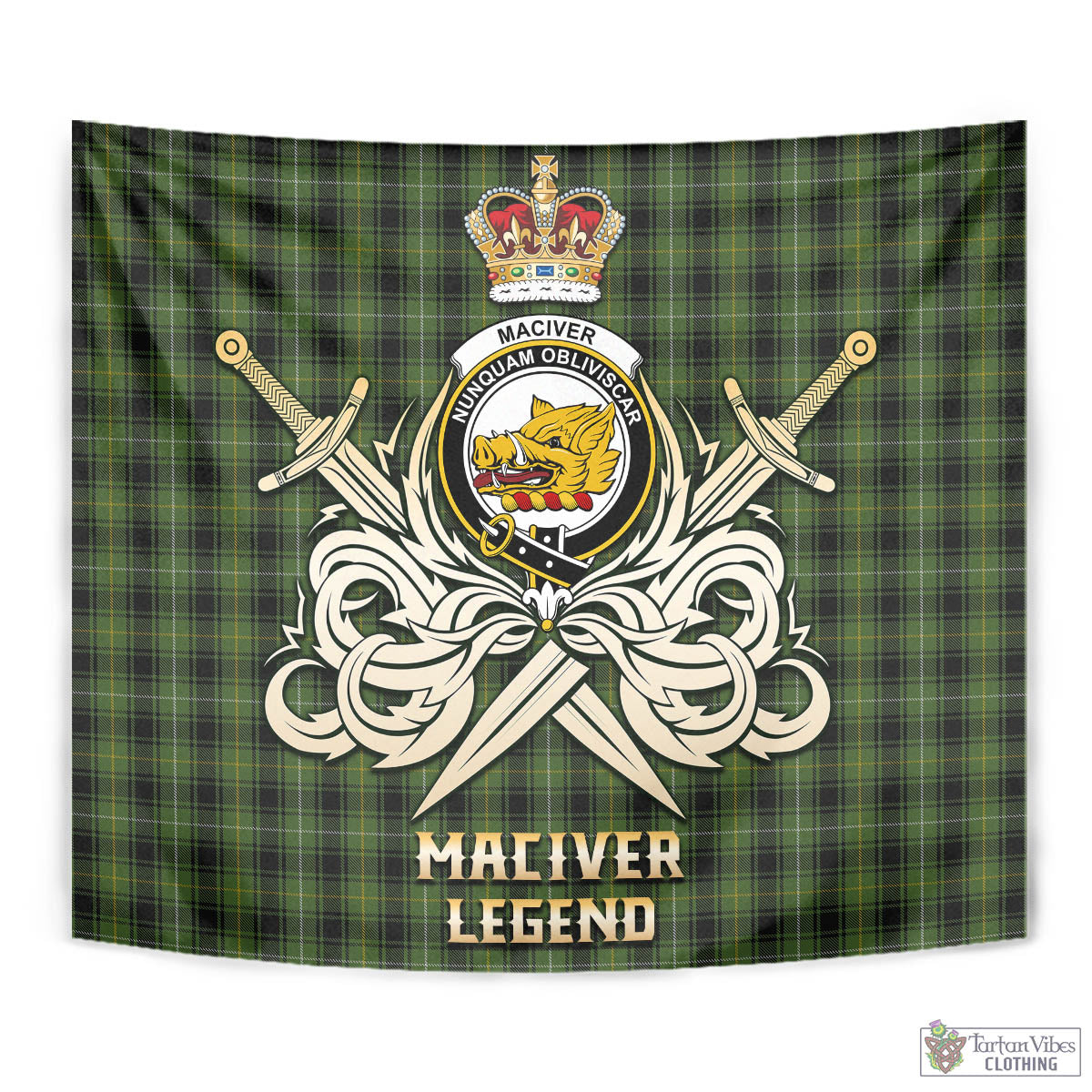 Tartan Vibes Clothing MacIver Hunting Tartan Tapestry with Clan Crest and the Golden Sword of Courageous Legacy