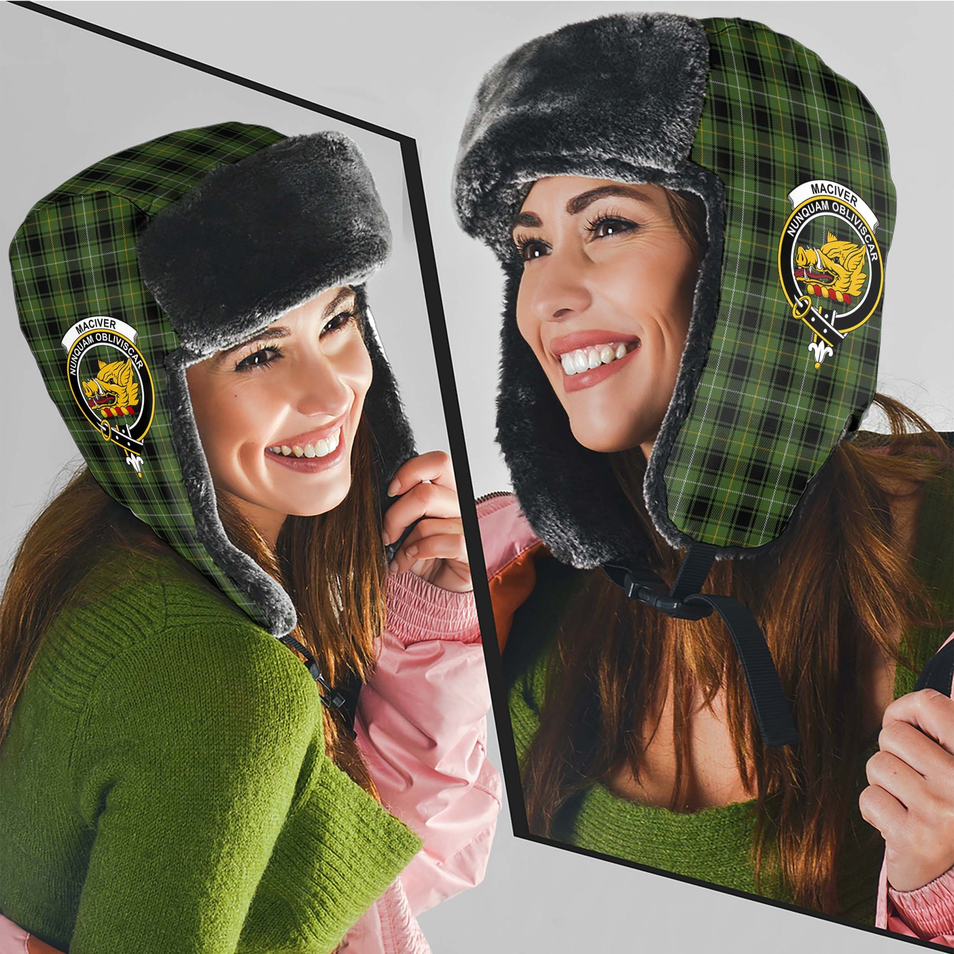 MacIver Hunting Tartan Winter Trapper Hat with Family Crest - Tartanvibesclothing