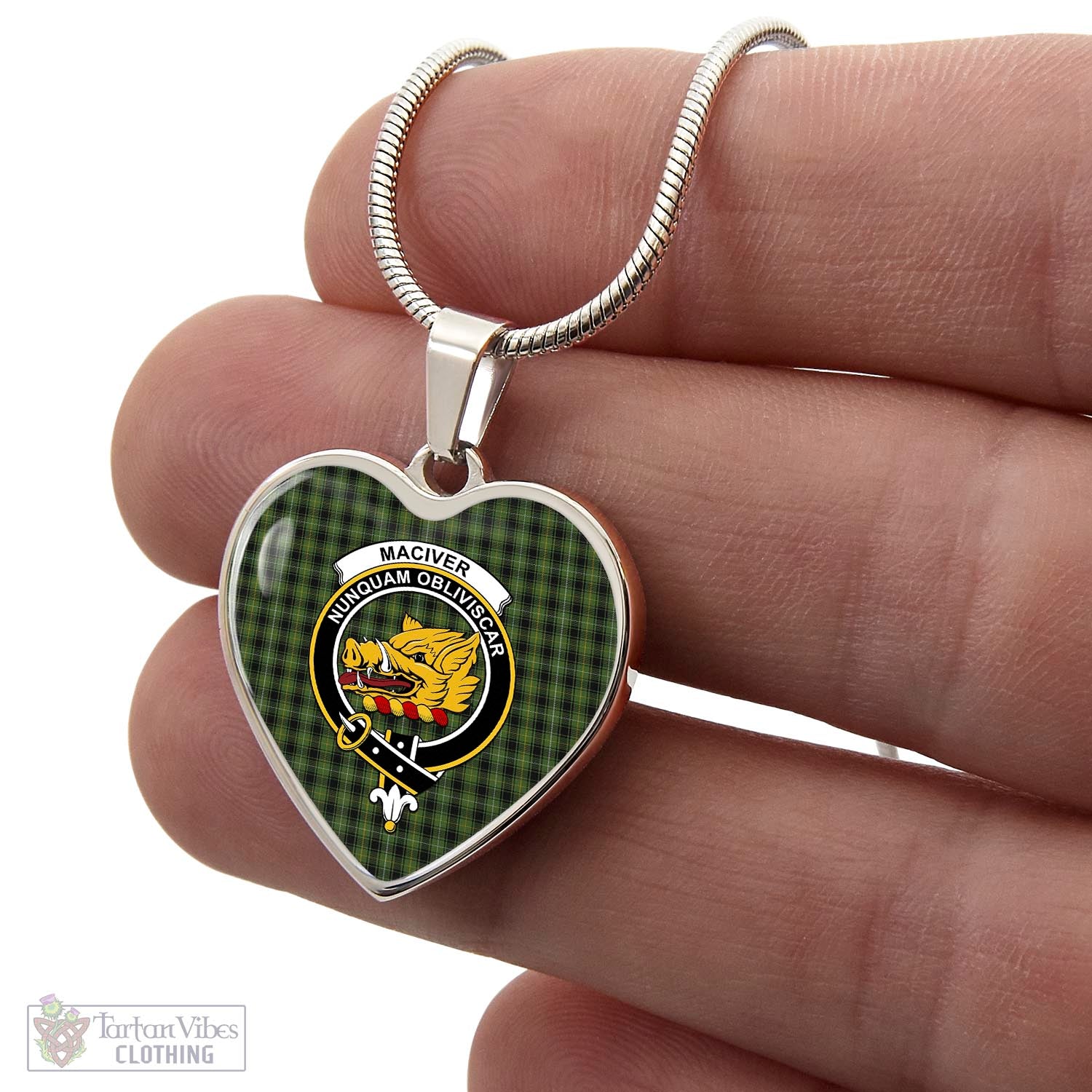 Tartan Vibes Clothing MacIver Hunting Tartan Heart Necklace with Family Crest