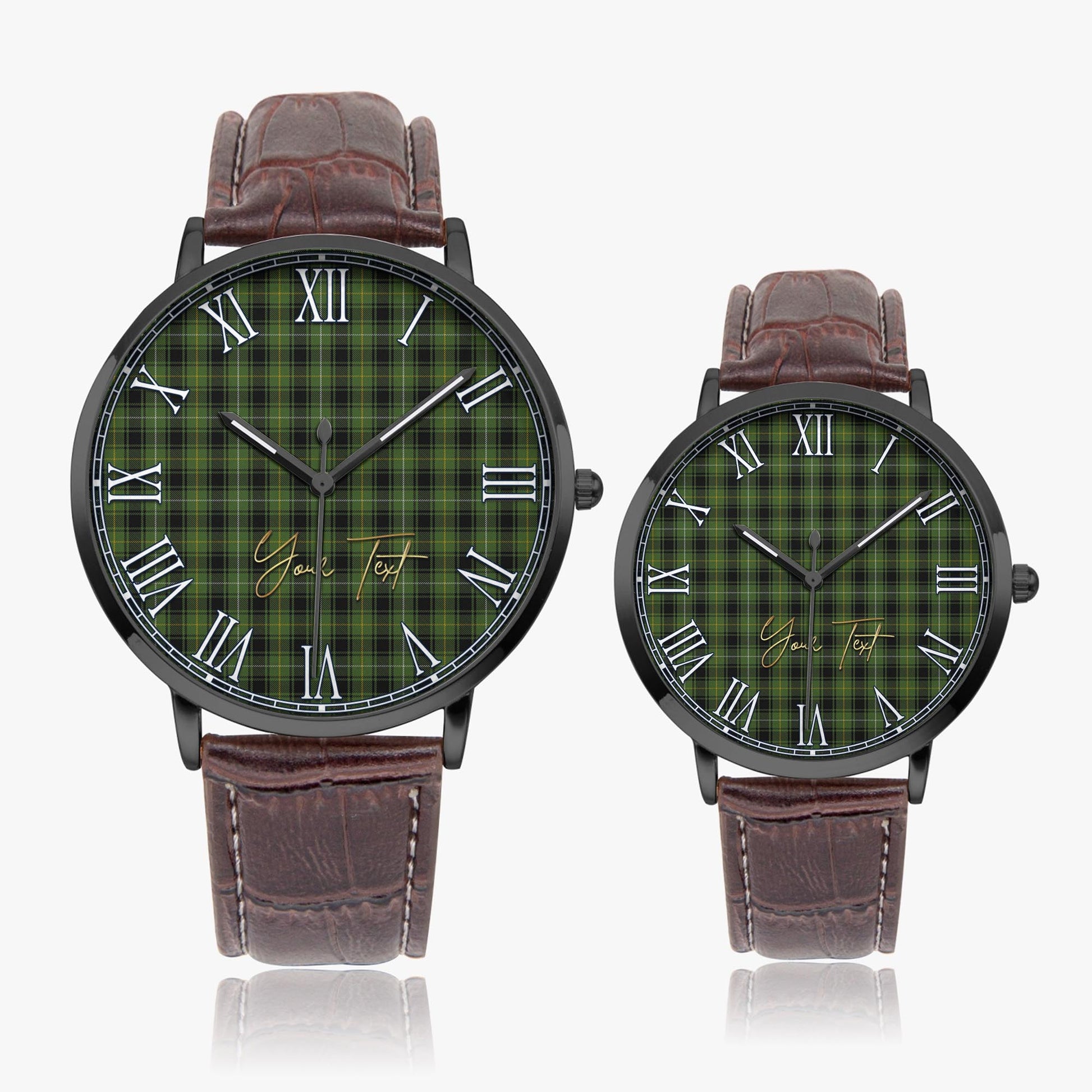 MacIver Hunting Tartan Personalized Your Text Leather Trap Quartz Watch Ultra Thin Black Case With Brown Leather Strap - Tartanvibesclothing