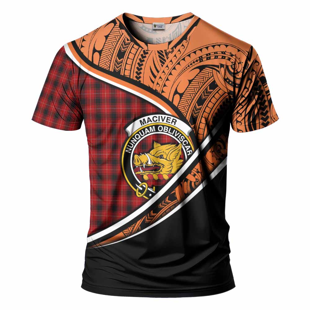 Tartan Vibes Clothing MacIver (McIver) Crest Tartan T-Shirt with Maori Tattoo Style - Orange Version