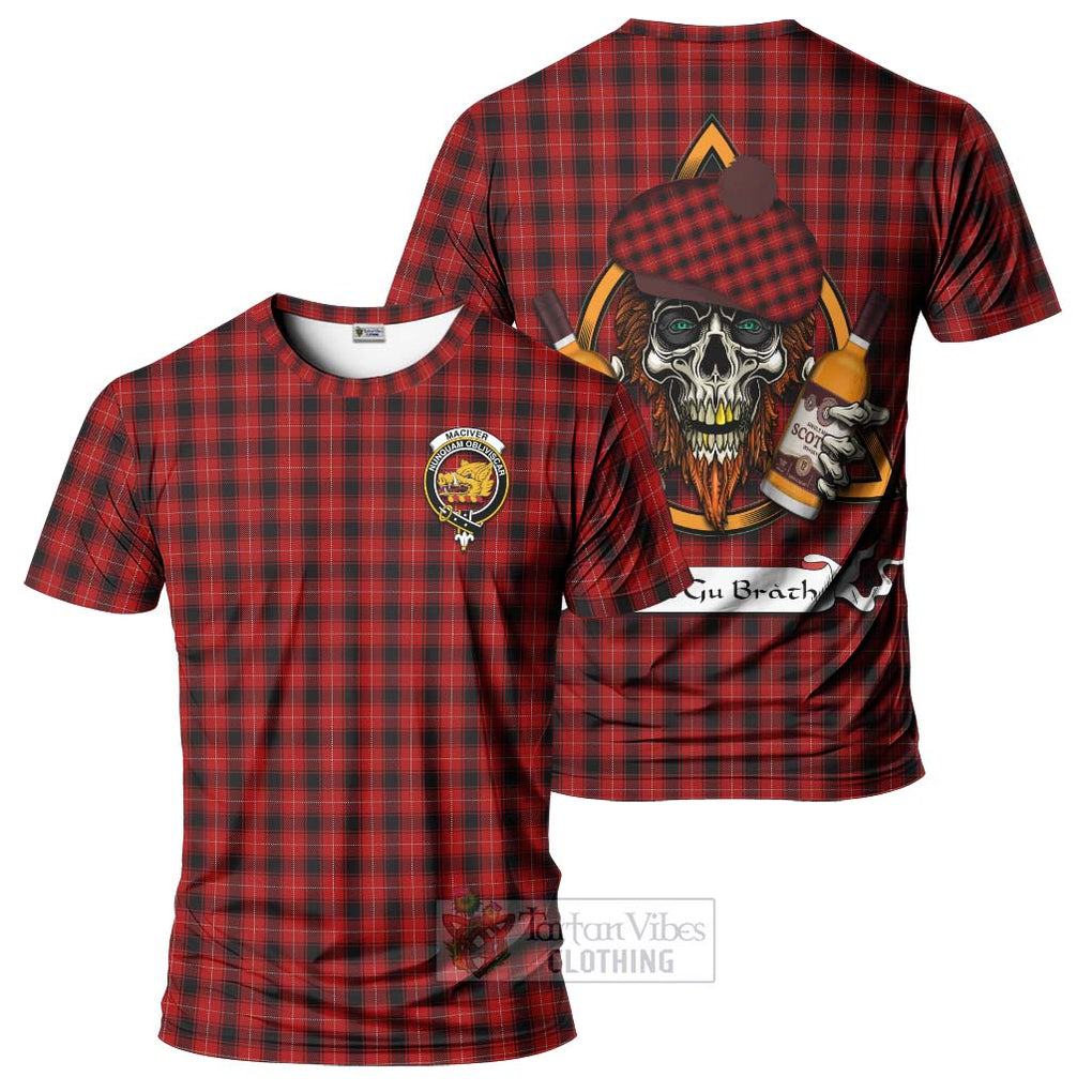 Tartan Vibes Clothing MacIver (McIver) Tartan T-Shirt with Family Crest and Bearded Skull Holding Bottles of Whiskey