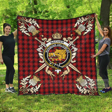 MacIver (McIver) Tartan Quilt with Family Crest and Golden Thistle Crossed Sword Design