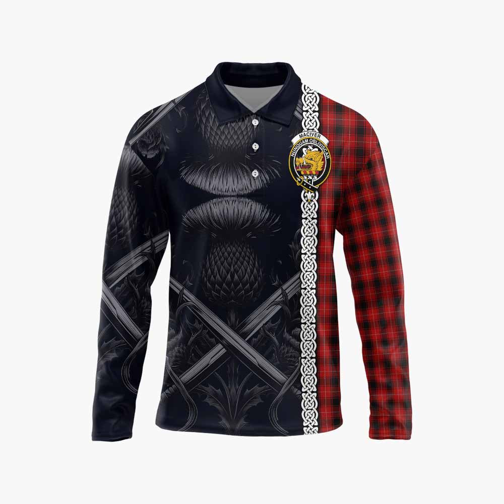 Tartan Vibes Clothing MacIver (McIver) Tartan Long Sleeve Polo Shirt with Family Crest Cross Sword Thistle Celtic Vibes