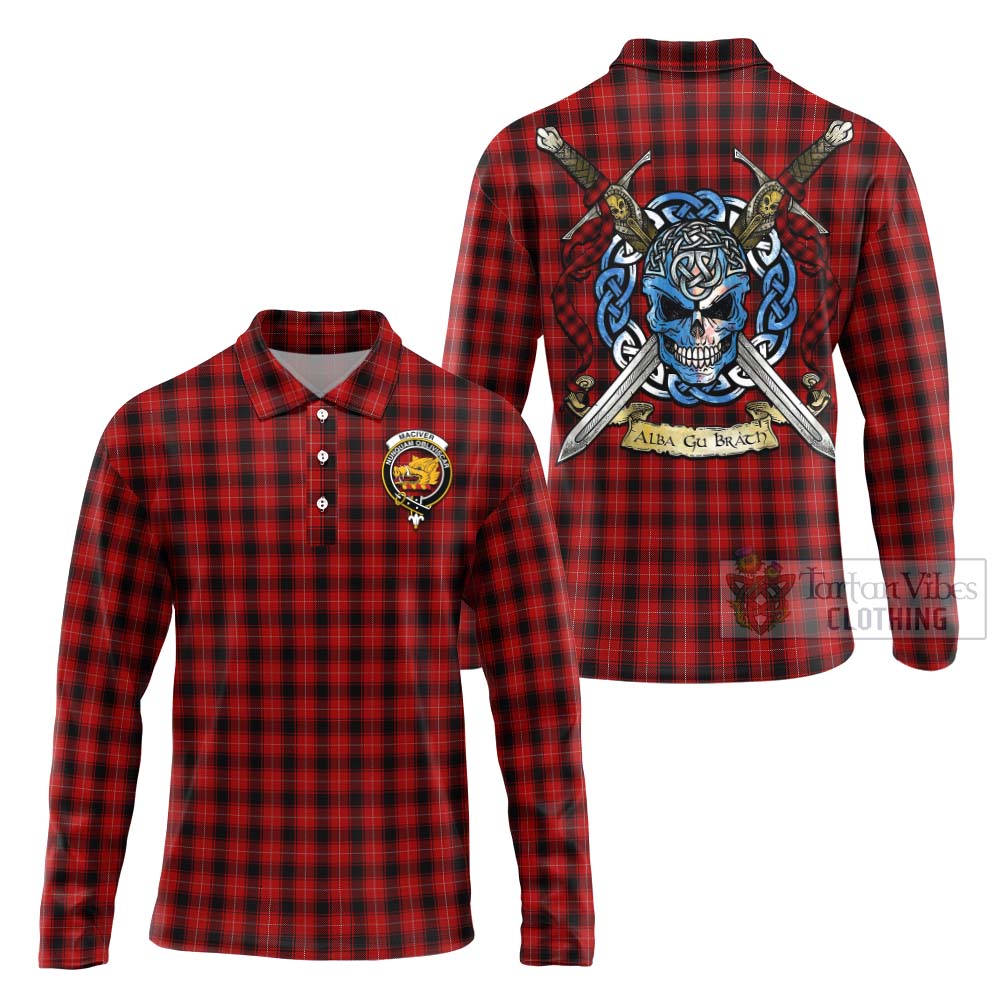 Tartan Vibes Clothing MacIver (McIver) Tartan Long Sleeve Polo Shirt with Family Crest Celtic Skull Style