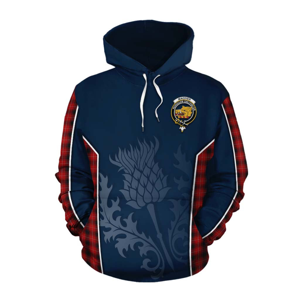 Tartan Vibes Clothing MacIver (McIver) Tartan Cotton Hoodie with Family Crest and Scottish Thistle Vibes Sport Style