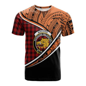 MacIver (McIver) Crest Tartan Cotton T-shirt with Polynesian Vibes Style - Orange Version