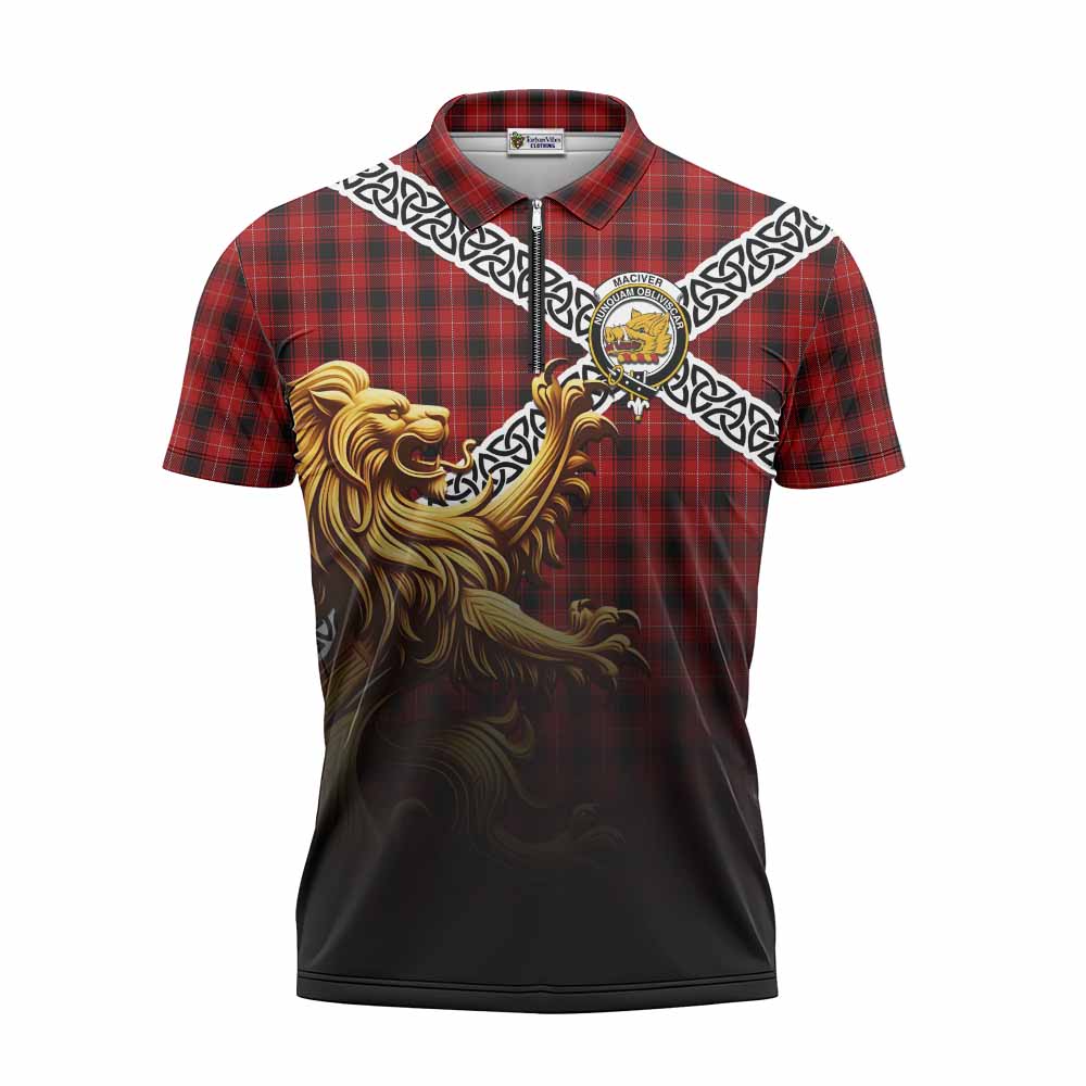 MacIver (McIver) Crest Tartan Zipper Polo Shirt with Golden Lion Emblem Celtic Style Unisex - Tartan Vibes Clothing