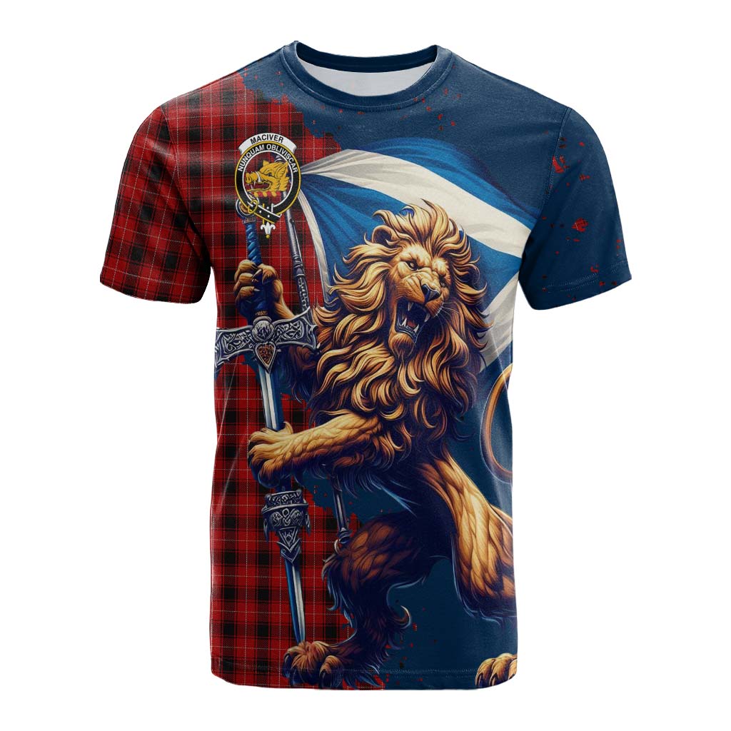 Tartan Vibes Clothing MacIver (McIver) Tartan Family Crest Cotton T-shirt with Scottish Majestic Lion