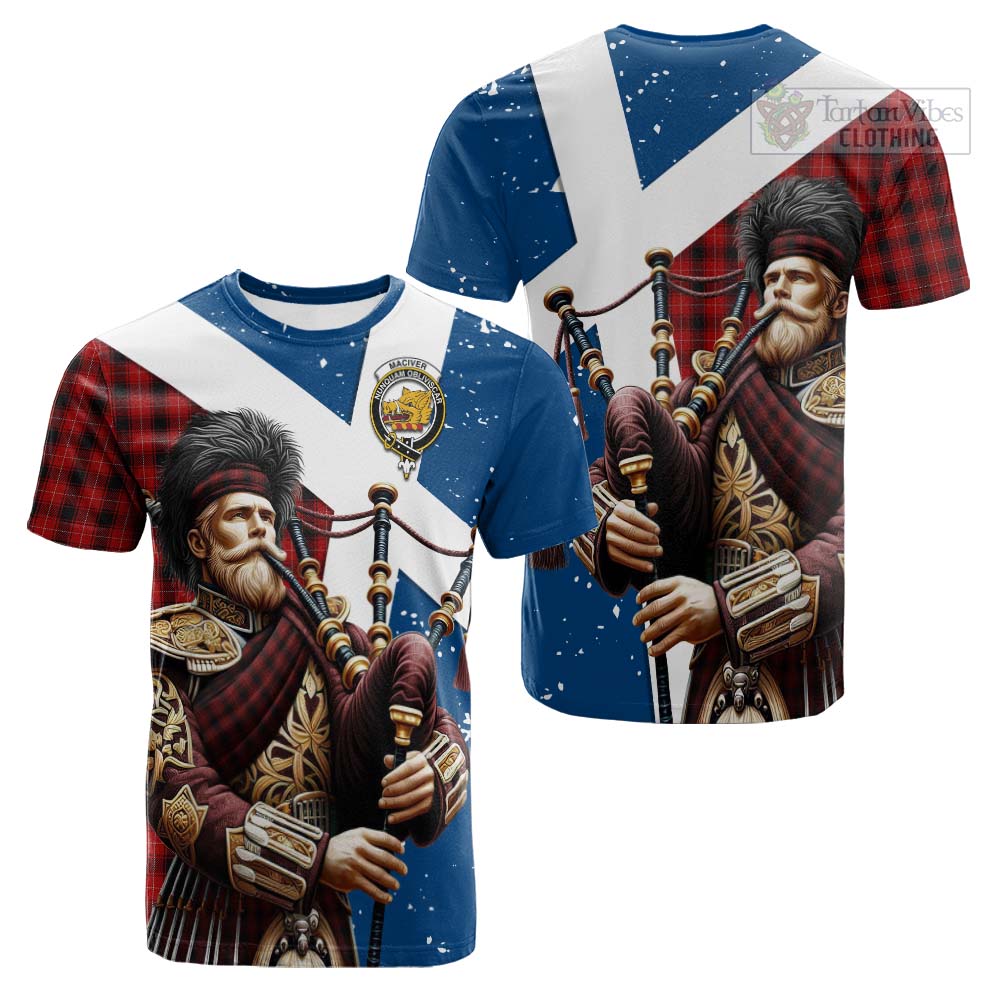 Tartan Vibes Clothing MacIver (McIver) Tartan Cotton T-shirt with Family Crest Scottish Bagpiper Vibes