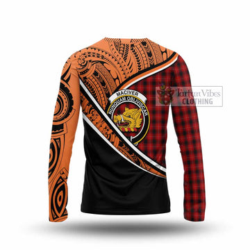 MacIver (McIver) Crest Tartan Long Sleeve T-Shirt with Polynesian Vibes Style - Orange Version