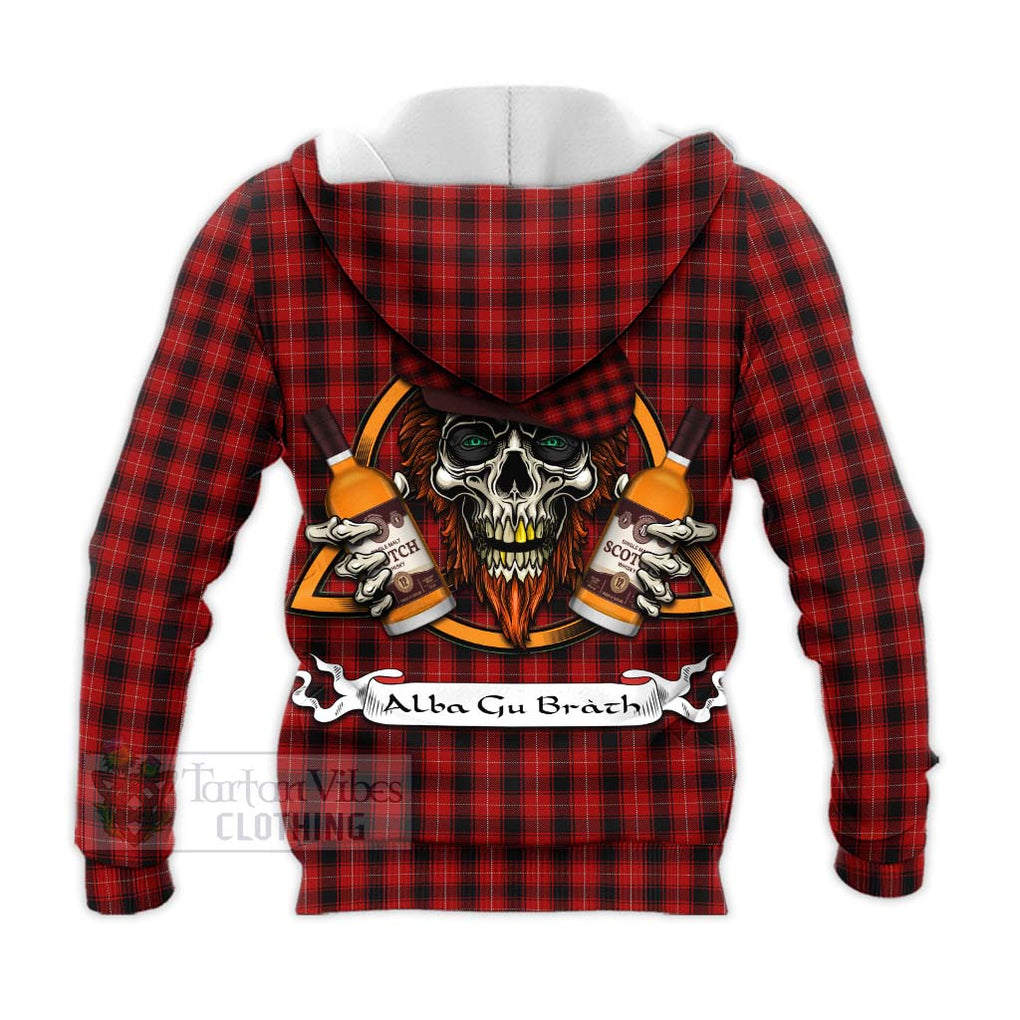 Tartan Vibes Clothing MacIver (McIver) Tartan Knitted Hoodie with Family Crest and Bearded Skull Holding Bottles of Whiskey