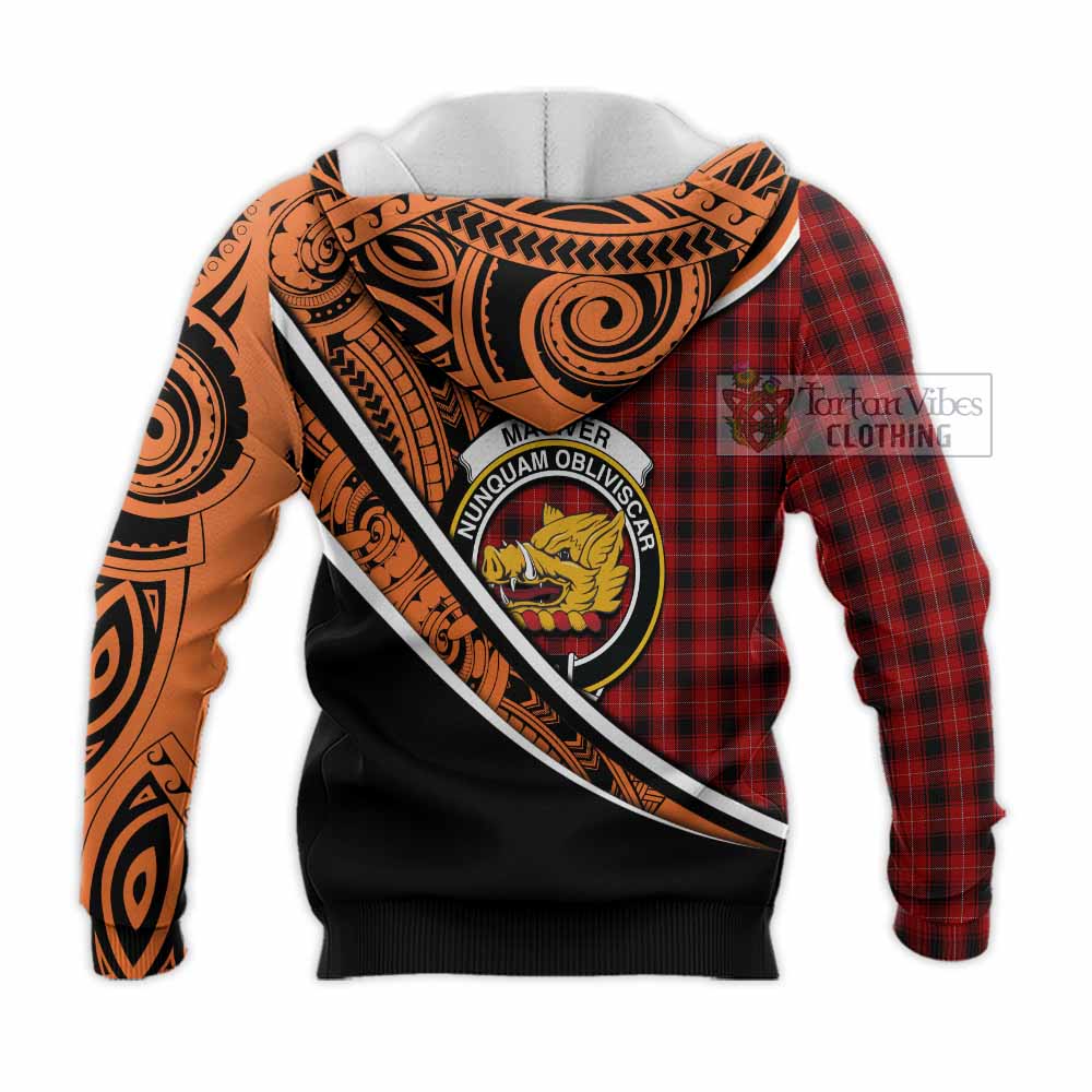 Tartan Vibes Clothing MacIver (McIver) Crest Tartan Knitted Hoodie with Maori Tattoo Style - Orange Version