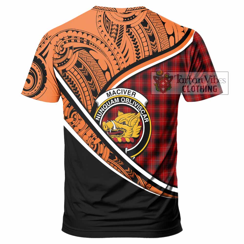 Tartan Vibes Clothing MacIver (McIver) Crest Tartan T-Shirt with Maori Tattoo Style - Orange Version